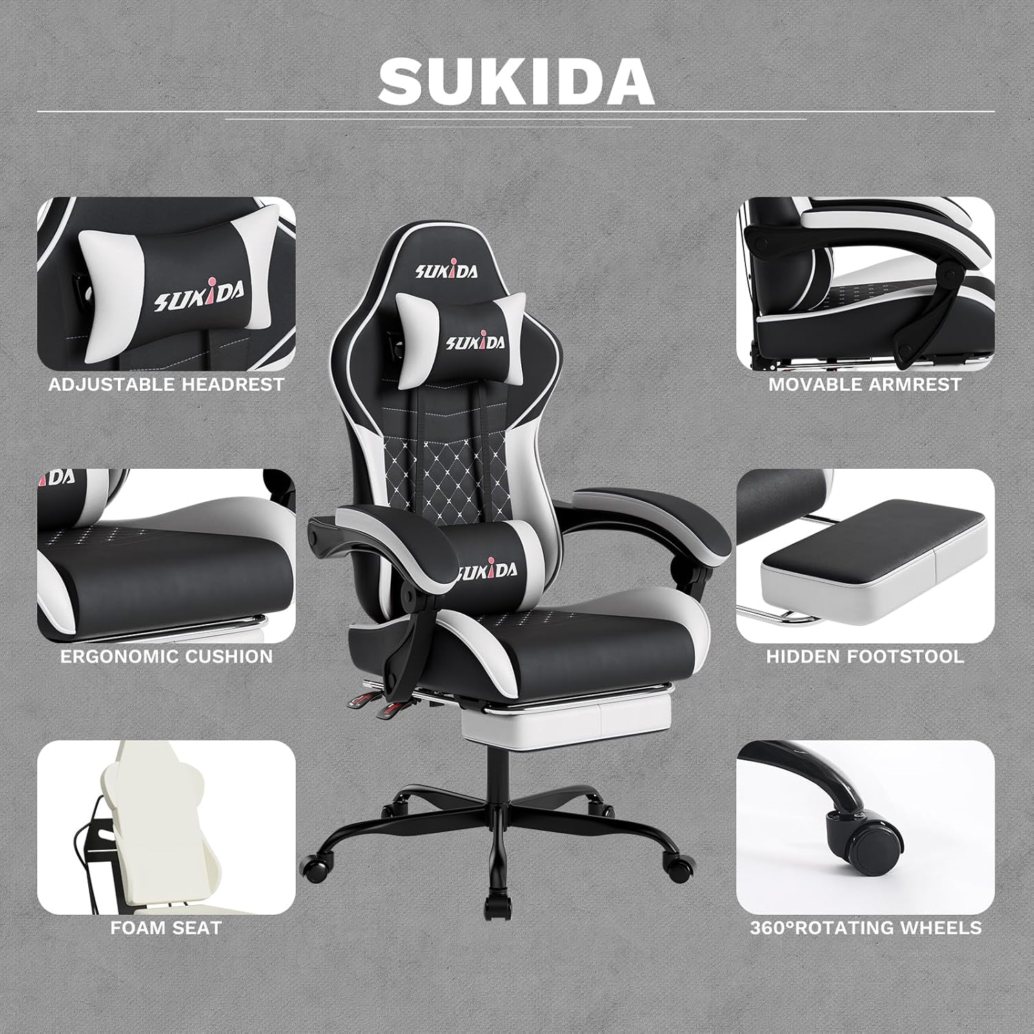 Detalle de SUKIDA Ergonomic Gaming Chair with Footrest and Massage Lumbar Support