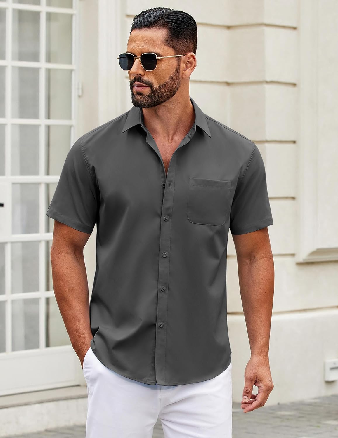 Detalle 2 de COOFANDY Men's Short Sleeve Button-Down Shirt with Pocket, Untucked Summer Style