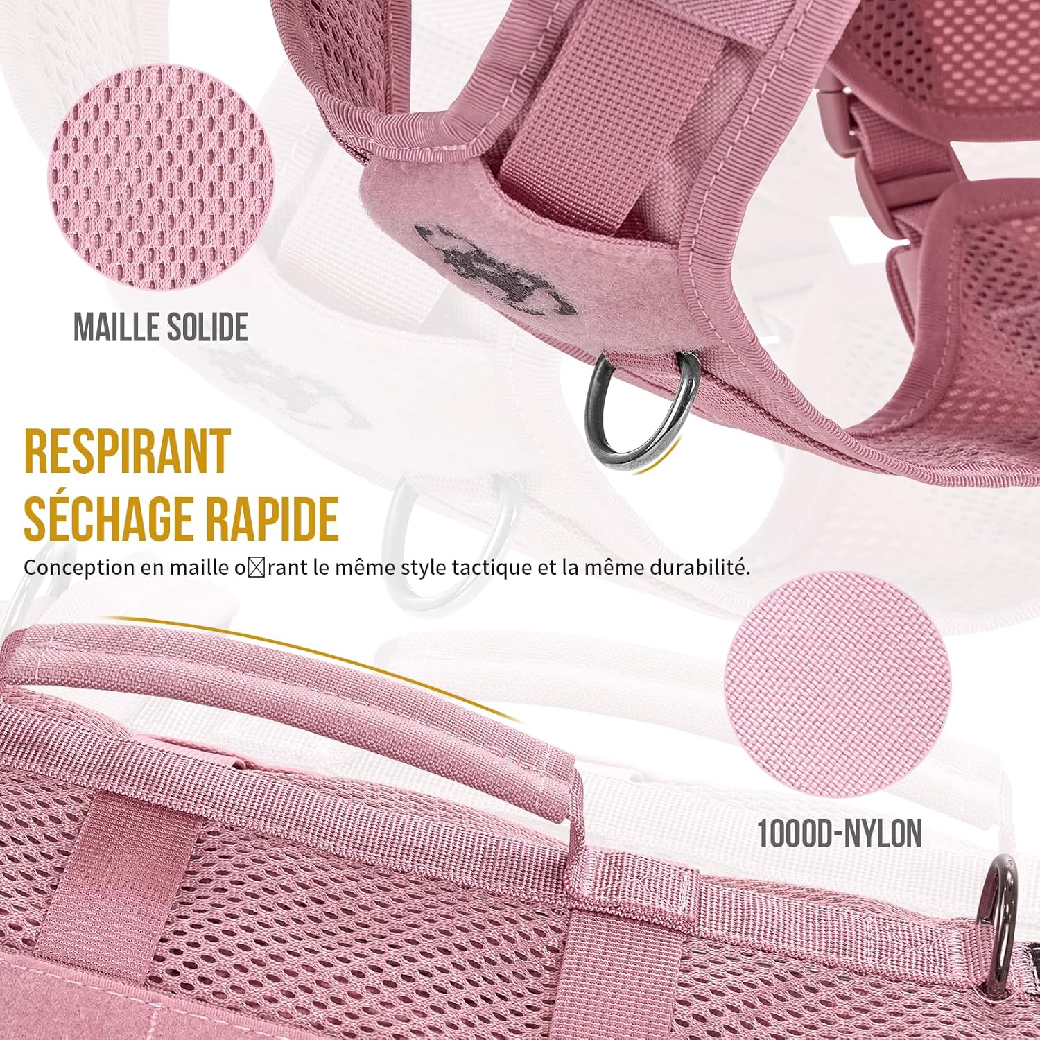 Detalle de OneTigris Harnais de sécurité en maille respirante (Taille M, Rose) avec 2 poignées et MOLLE