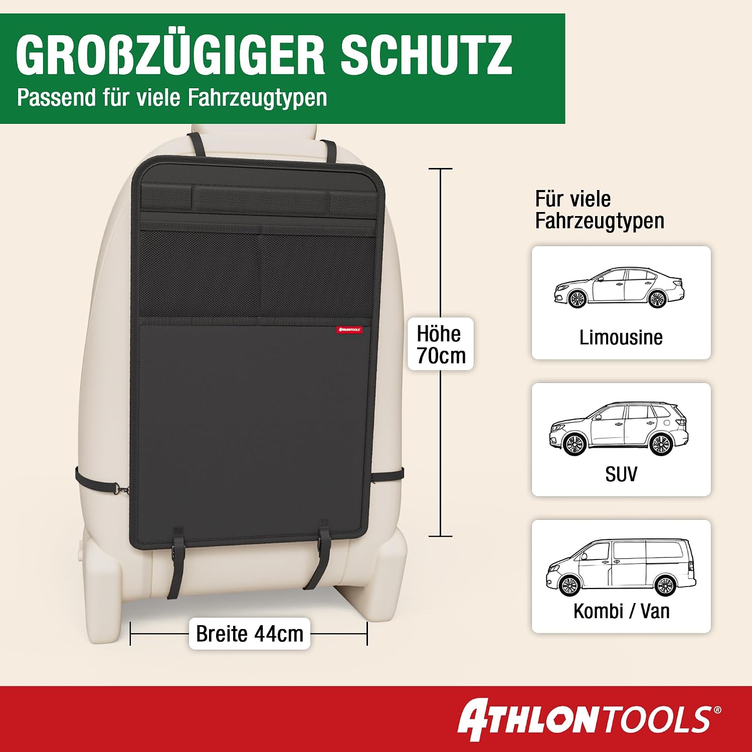 Detalle de ATHLON TOOLS Rückenlehnen-Schutzmatte – wasserabweisend, 70 × 44 cm, mit Netztaschen