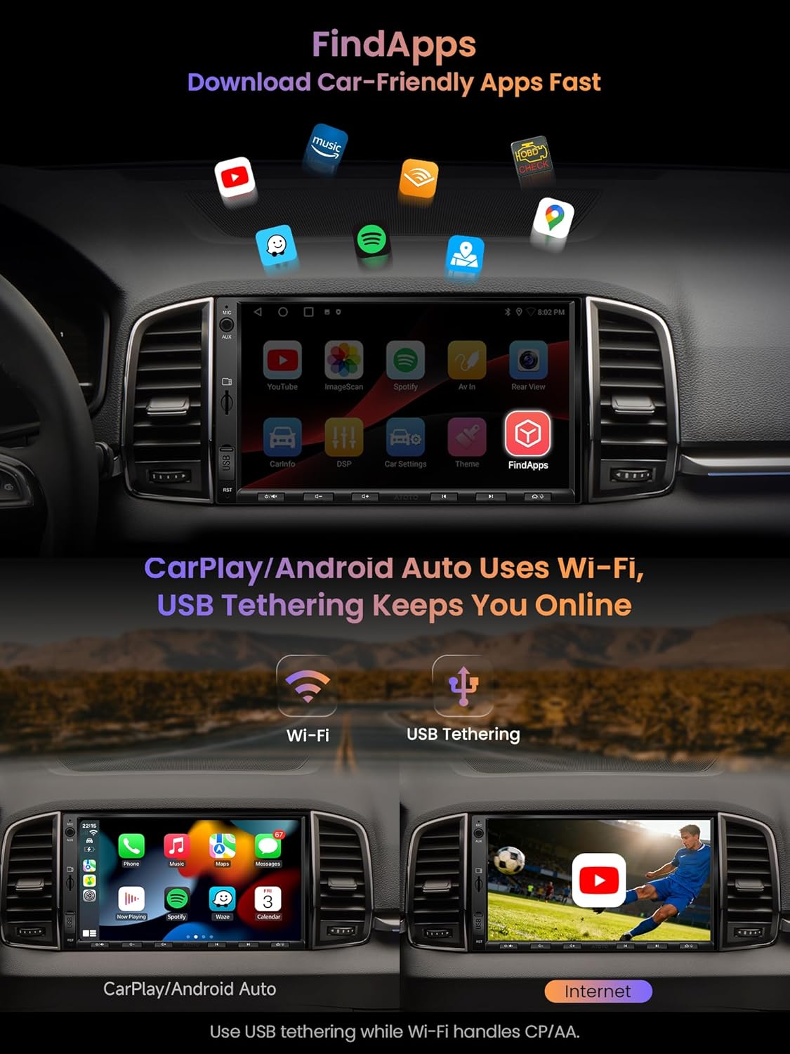 Thumbnail 3 de ATOTO A5 autoradio 2 DIN Android 7" avec CarPlay/Android Auto sans fil, DSP 24 bandes et caméra de recul