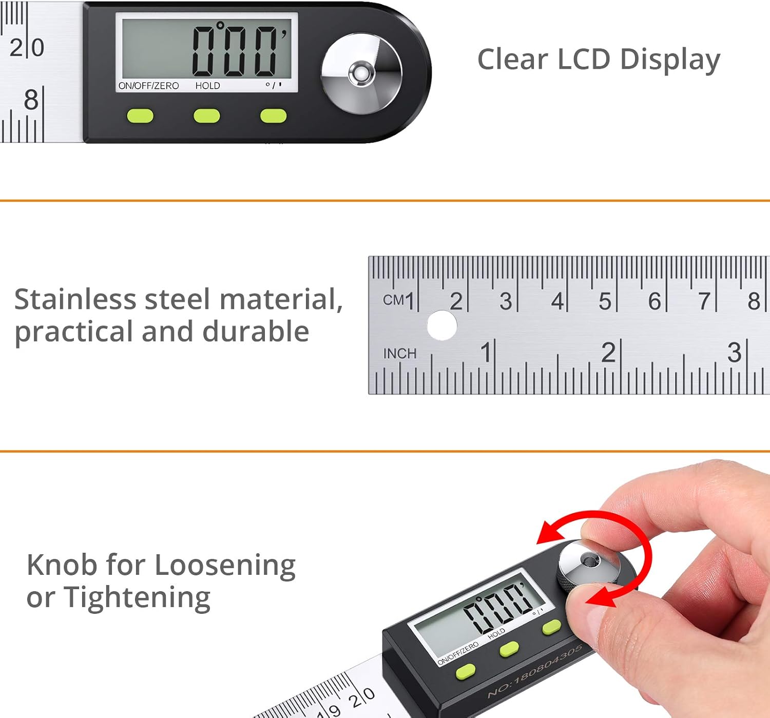 Detalle 2 de Neoteck 8 inch Digital Angle Finder Ruler – Stainless Steel Inclinometer with Data Hold