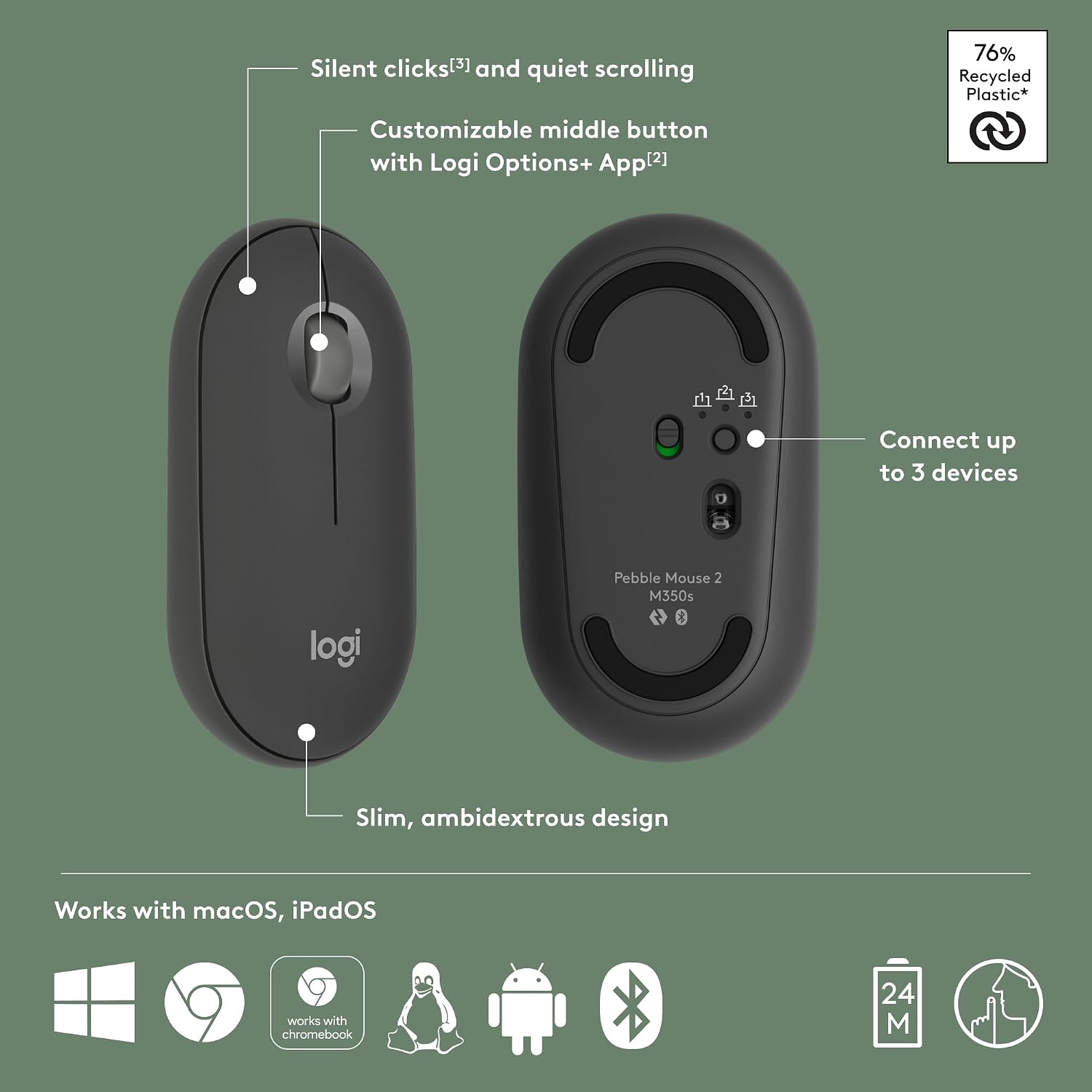 Thumbnail 6 de Logitech Pebble Mouse 2 M350s Slim Bluetooth Wireless Mouse (Graphite) – A lightweight, quiet companion for everyday use