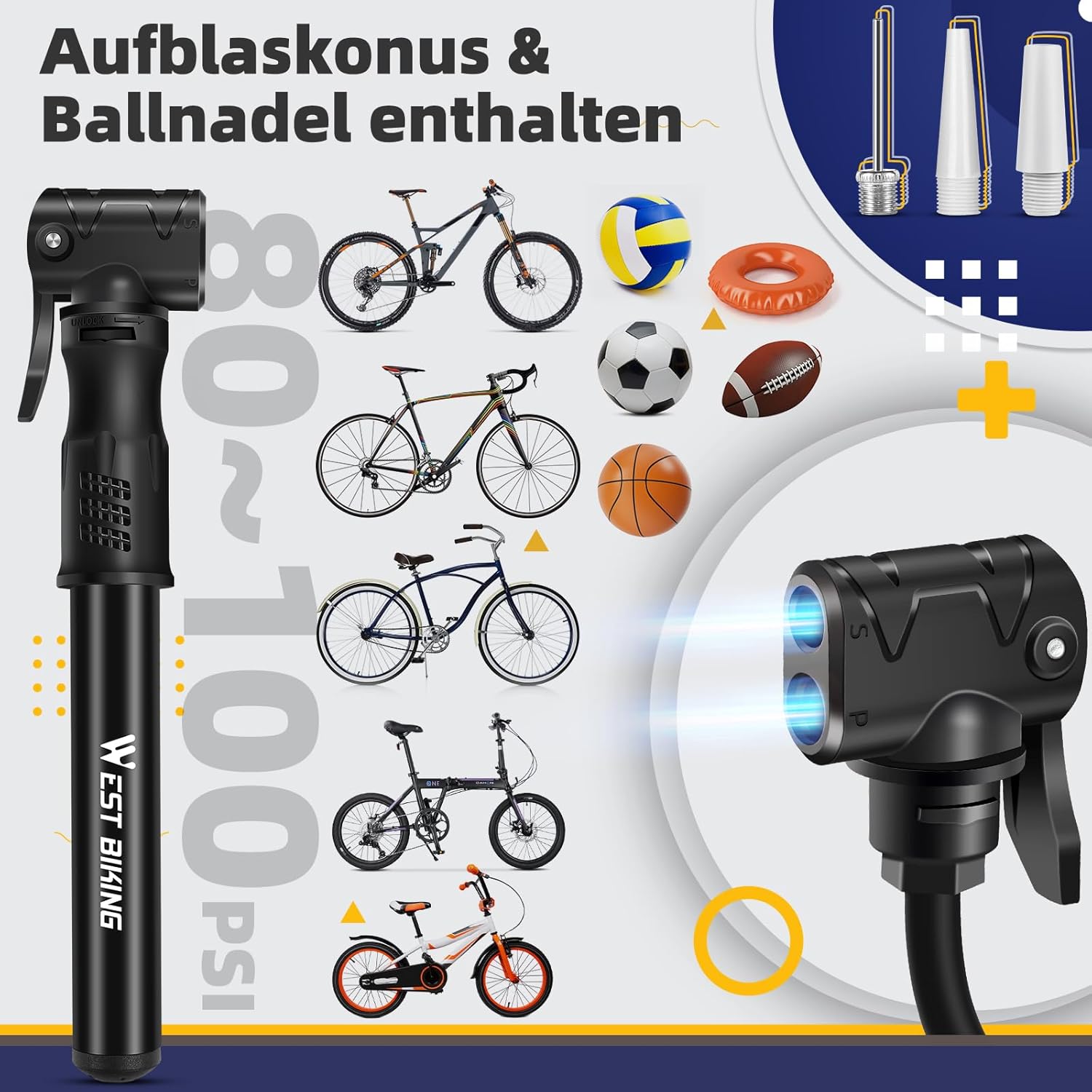 Thumbnail 5 de West Biking Mini Fahrradpumpe – Aluminium, 80–100 PSI, Dualventil, tragbar