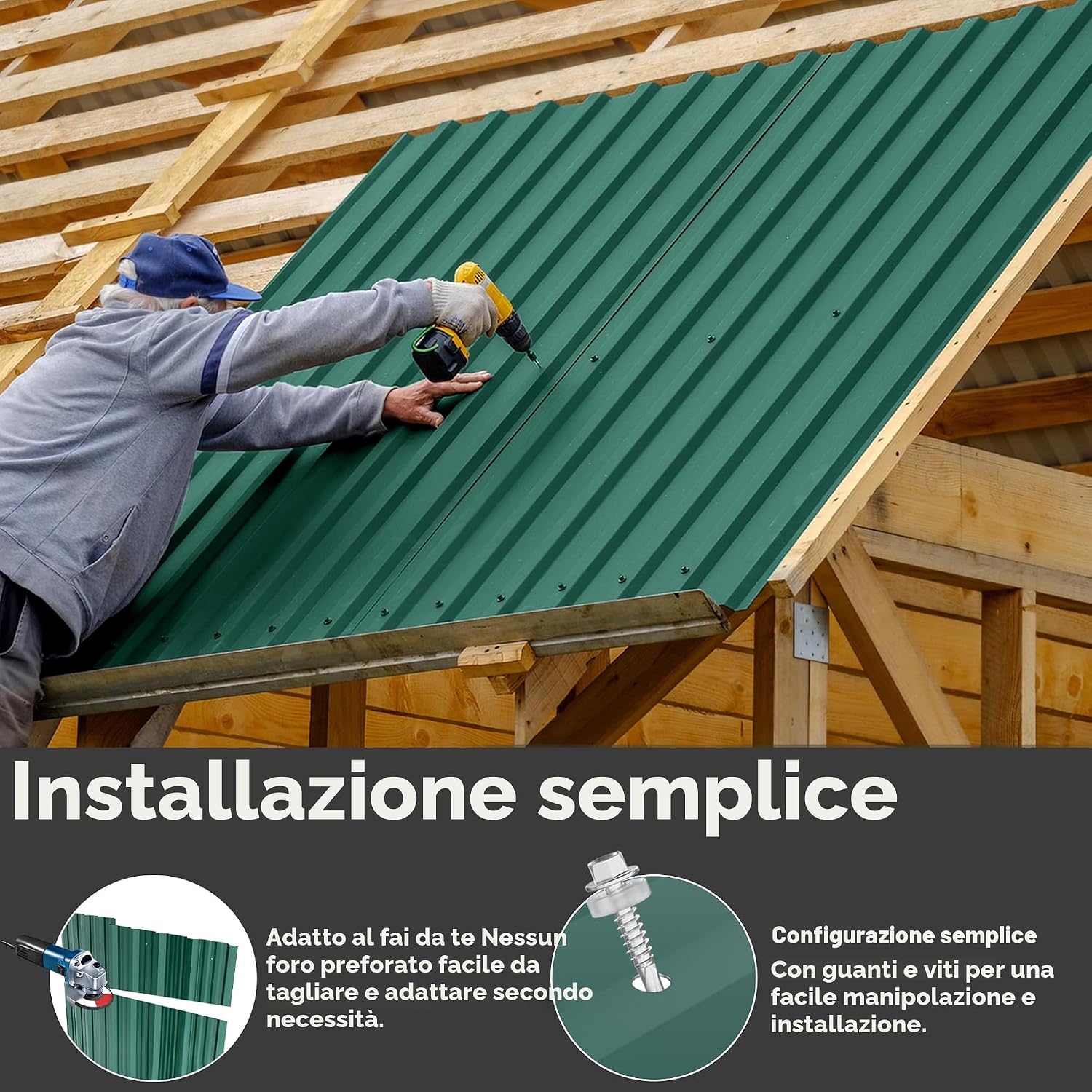 Thumbnail 4 de ACXIN 12 fogli profilati trapezoidali 129,5 x 45 cm (7 m²) – tettoia in acciaio zincato, verde, con viti e guanti