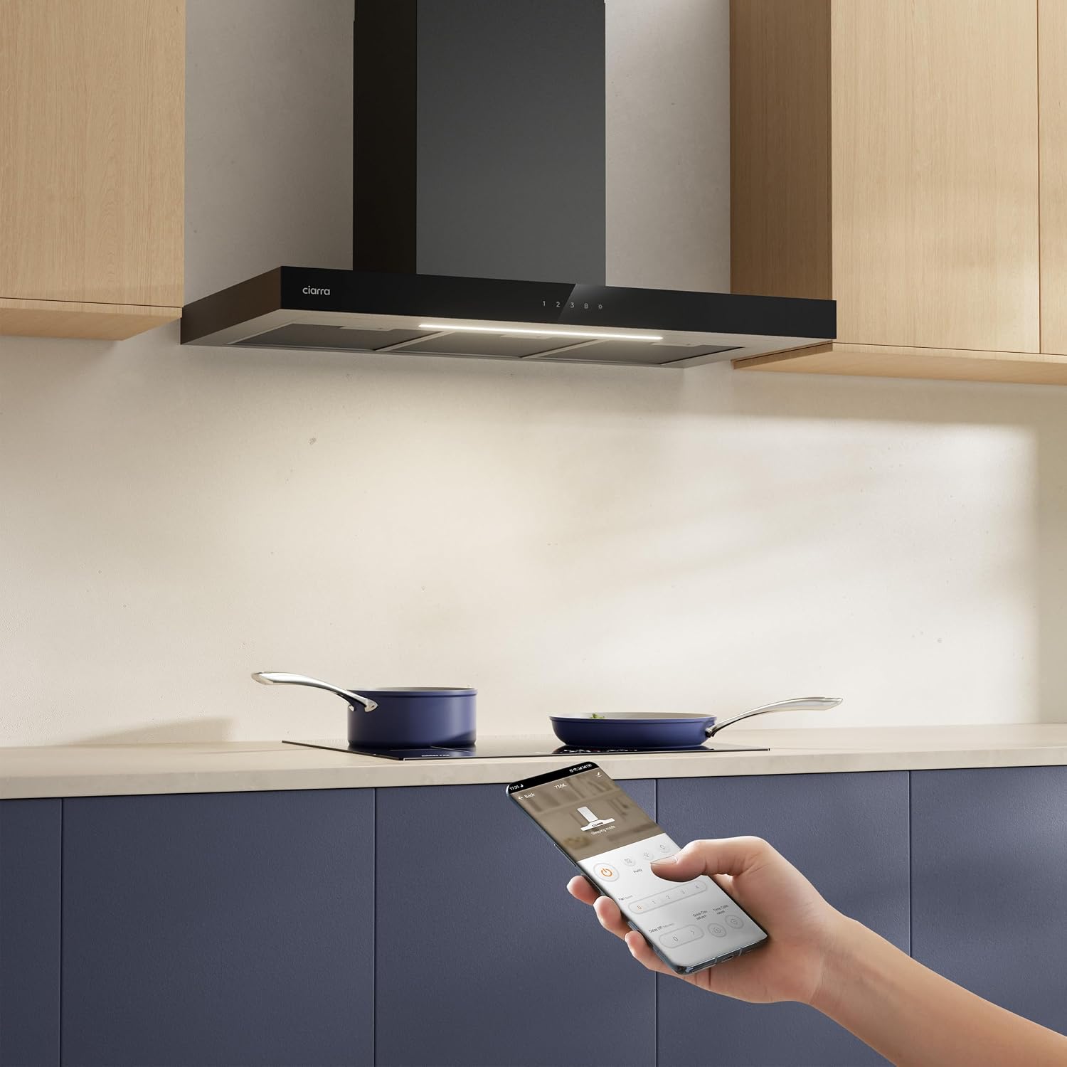 Detalle de CIARRA Black Cooker Hood 90cm CBCB9102: 650m³/h, Wi‑Fi App Control, A+++ Energy, 4 Speeds