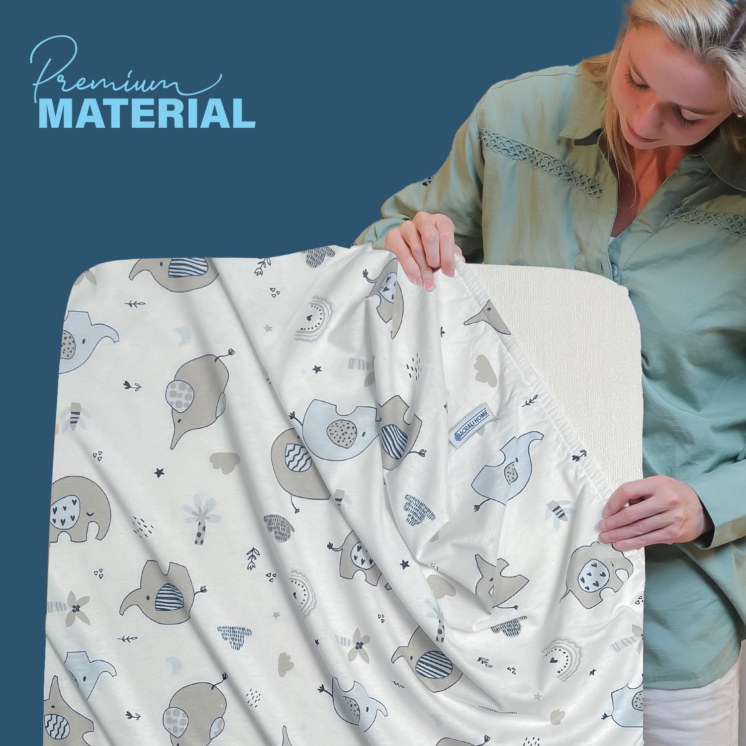 Thumbnail 1 de 100% Pure Jersey Cotton Baby Cot Sheets 120x60 Fitted – 3 Pack with Waterproof Pad (Gray/Blue Elephant)