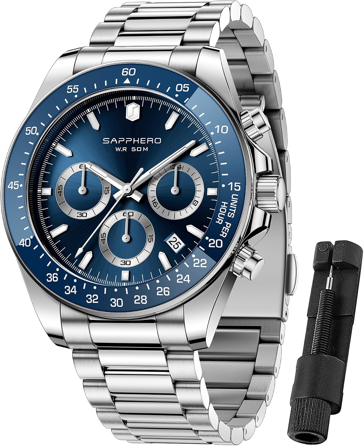 Detalle de SAPPHERO Montre Homme chronographe en acier inoxydable étanche 50M — cadran mat analogique quartz