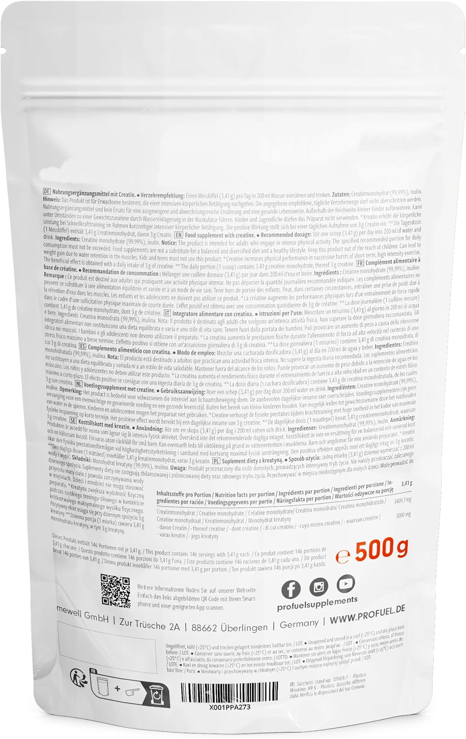 Detalle de ProFuel Créatine Monohydrate Poudre 500g – créatine mono micronisée, vegan, dosage élevé