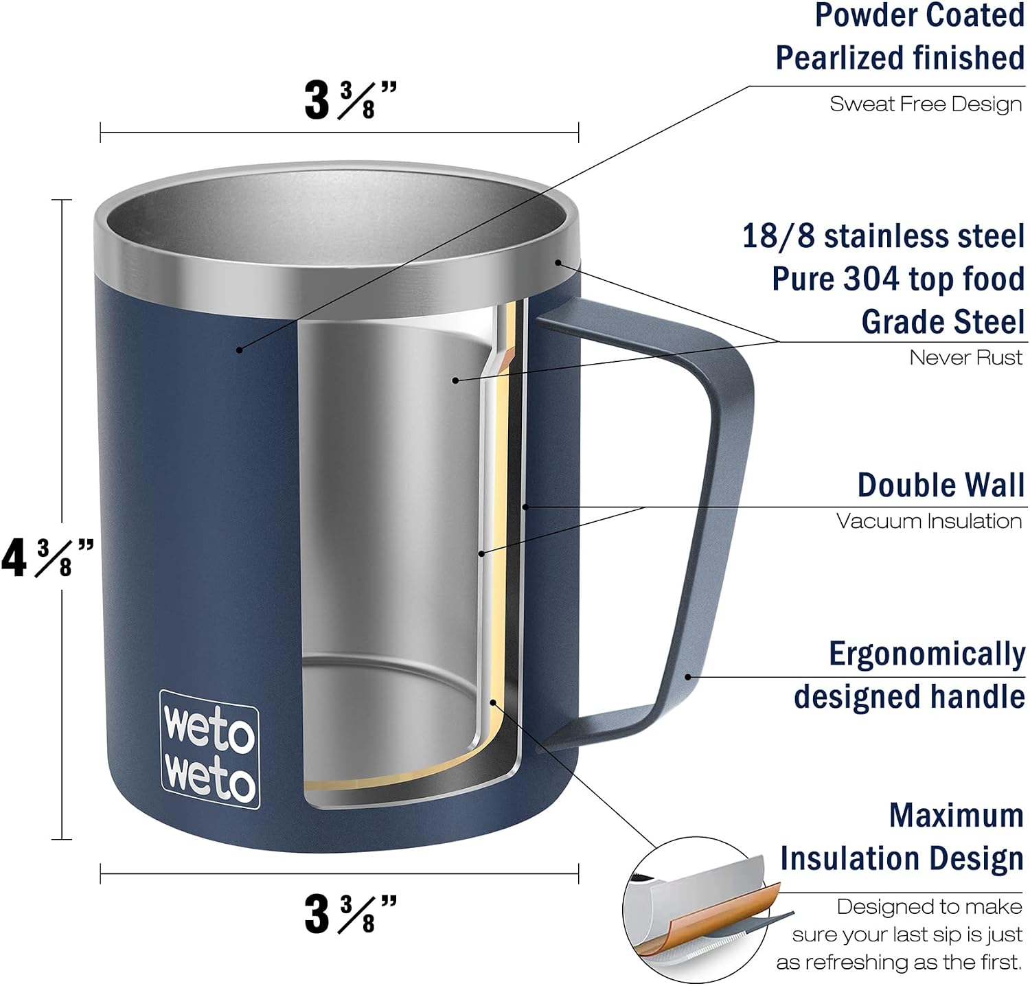 Detalle de WETOWETO 14 oz Vacuum Insulated Stainless Steel Coffee Tumbler with Lid (Navy Blue)
