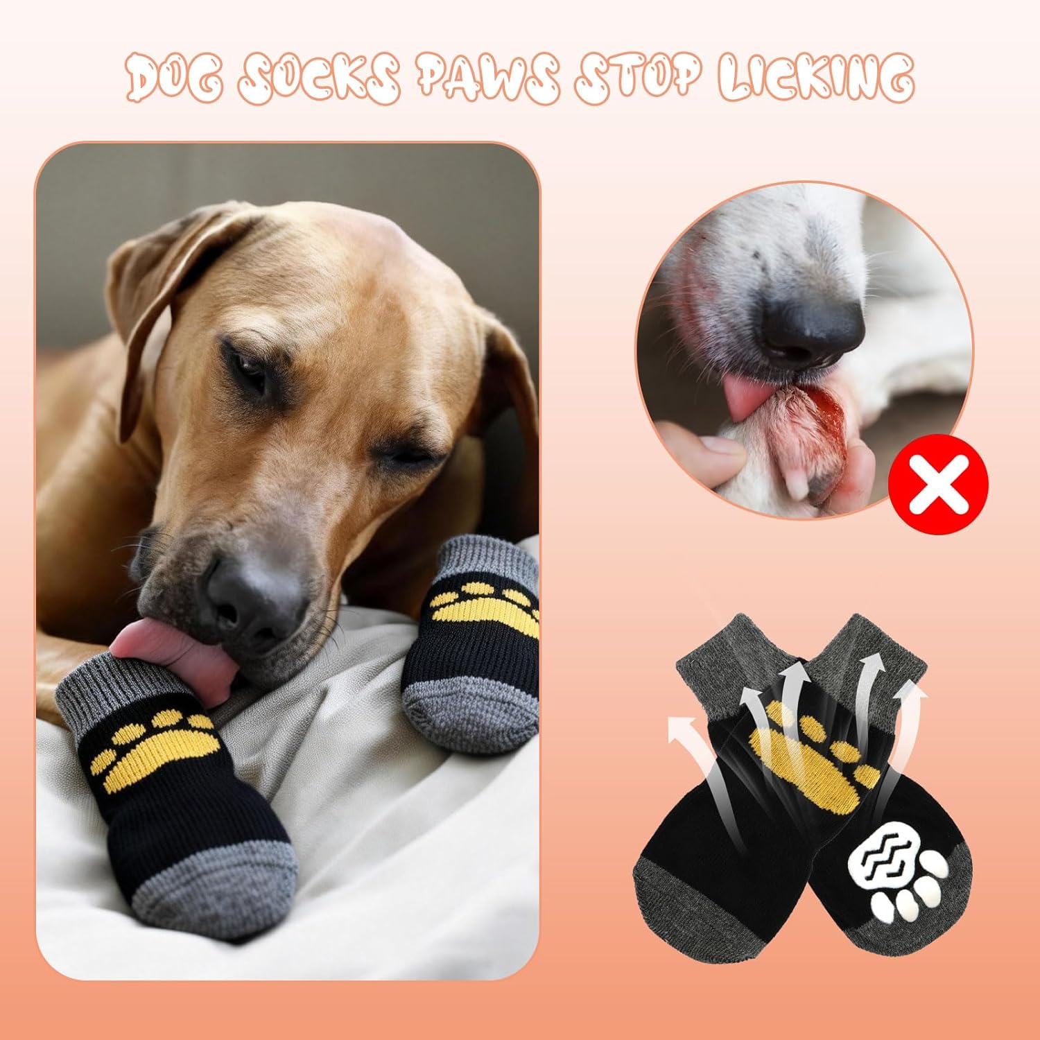 Detalle de 2 Pairs Anti Slip Dog Socks Paws Stop Licking – Large (L) Dog Paw Protectors with Adjustable Straps