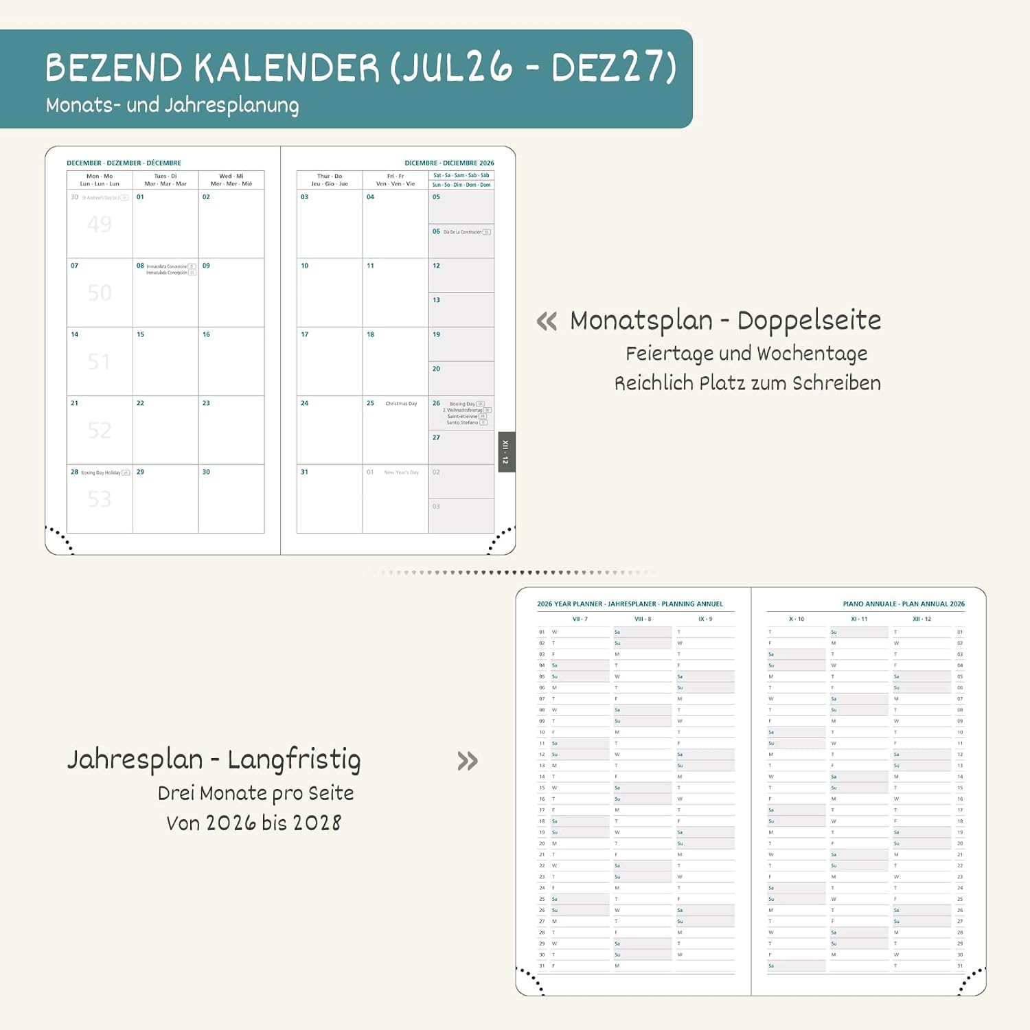 Detalle 2 de BEZEND Kalender 2026/2027 Klein Wochenplaner A6 – PU-Leder Hardcover Blaubeere