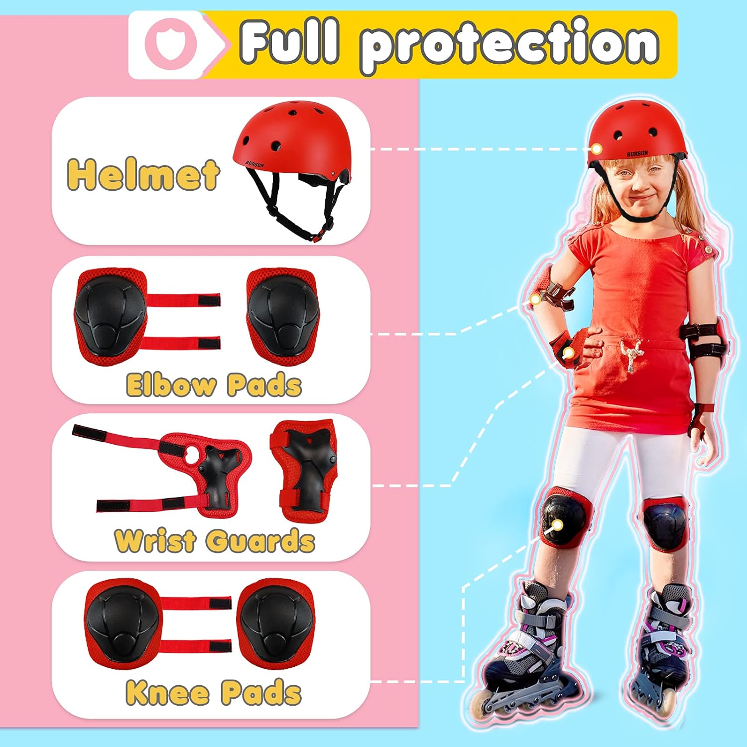 Thumbnail 1 de BURSUN Adjustable Kids Helmet with Protective Gear Set (36–54 cm) for 3–8 Year Olds