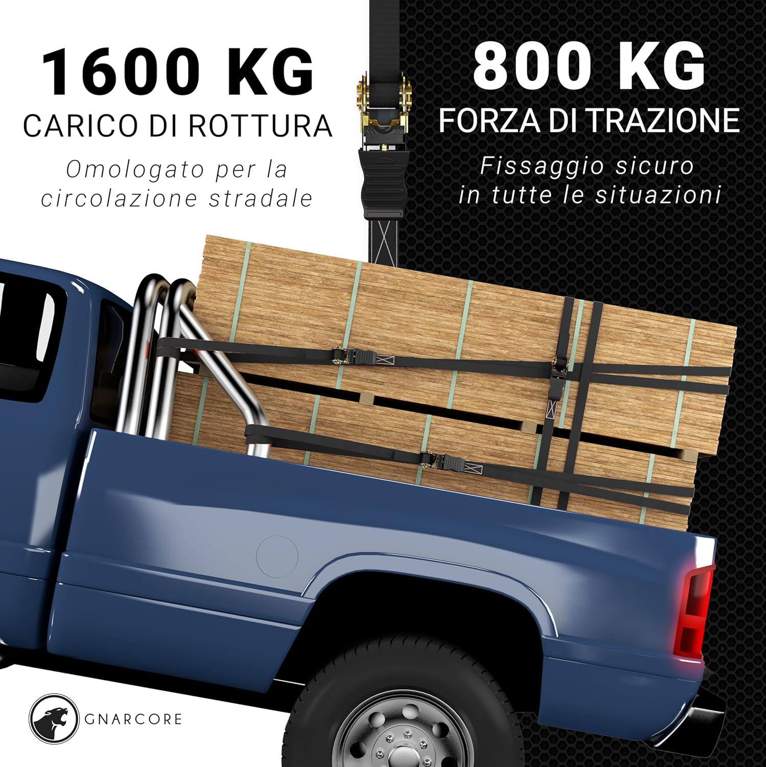 Detalle de Cinghie di fissaggio a cricchetto Premium (set da 4) da 800 kg con borse, certificate DIN EN 12195-2