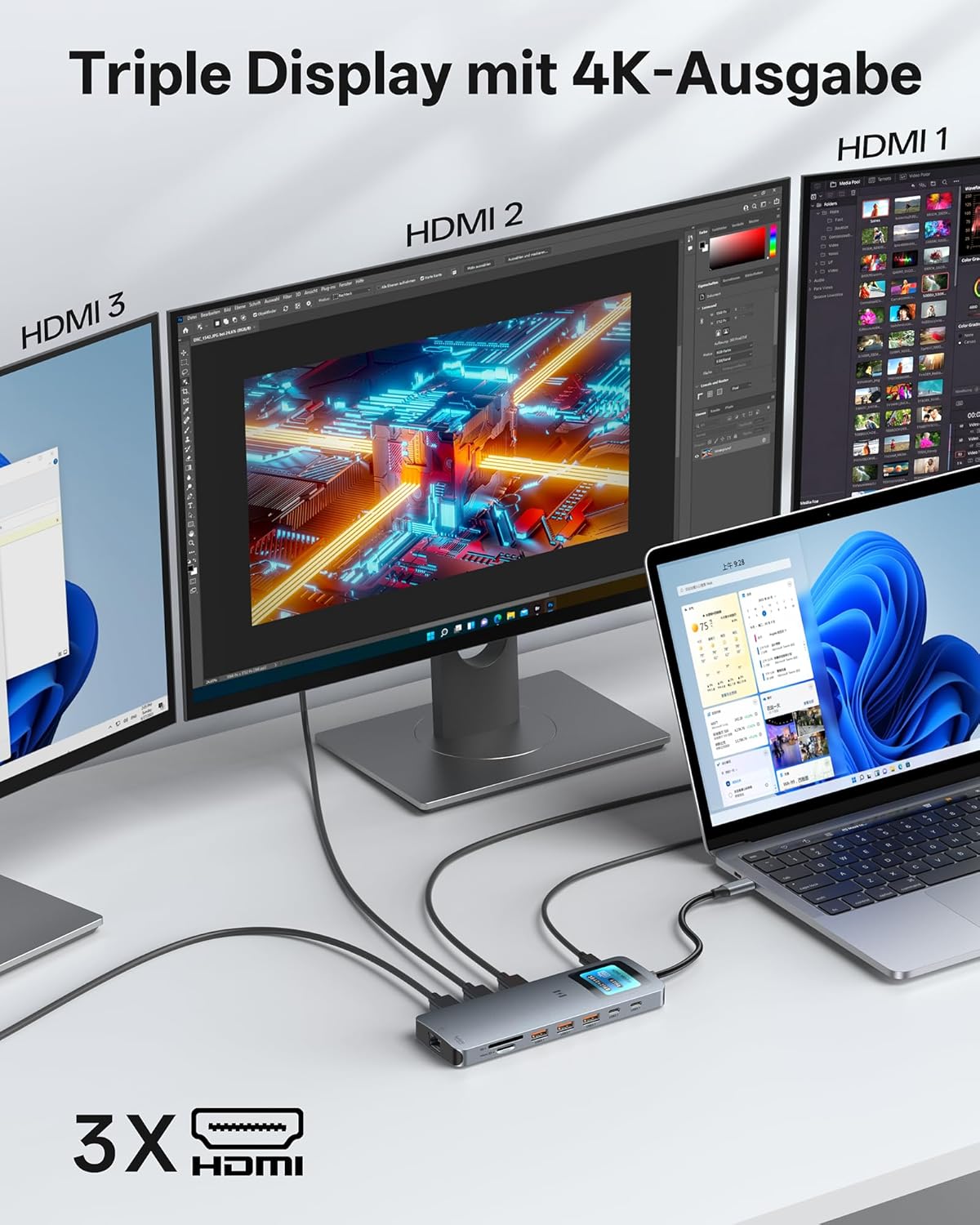 Detalle de USB-C Docking Station 13-in-1 mit 3 HDMI-Anschlüssen – Triple-Display, 2,5G Ethernet, 100W PD