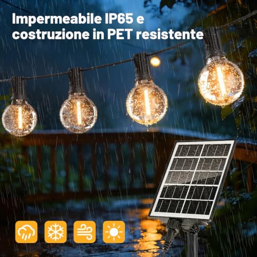 Detalle 2 de Hoteril Catena Luminosa Esterno Solare 15m 19+2 G40 IRIP 2200K – LED da Giardino con 8 Modalità, IP65 e USB Ricaricabile