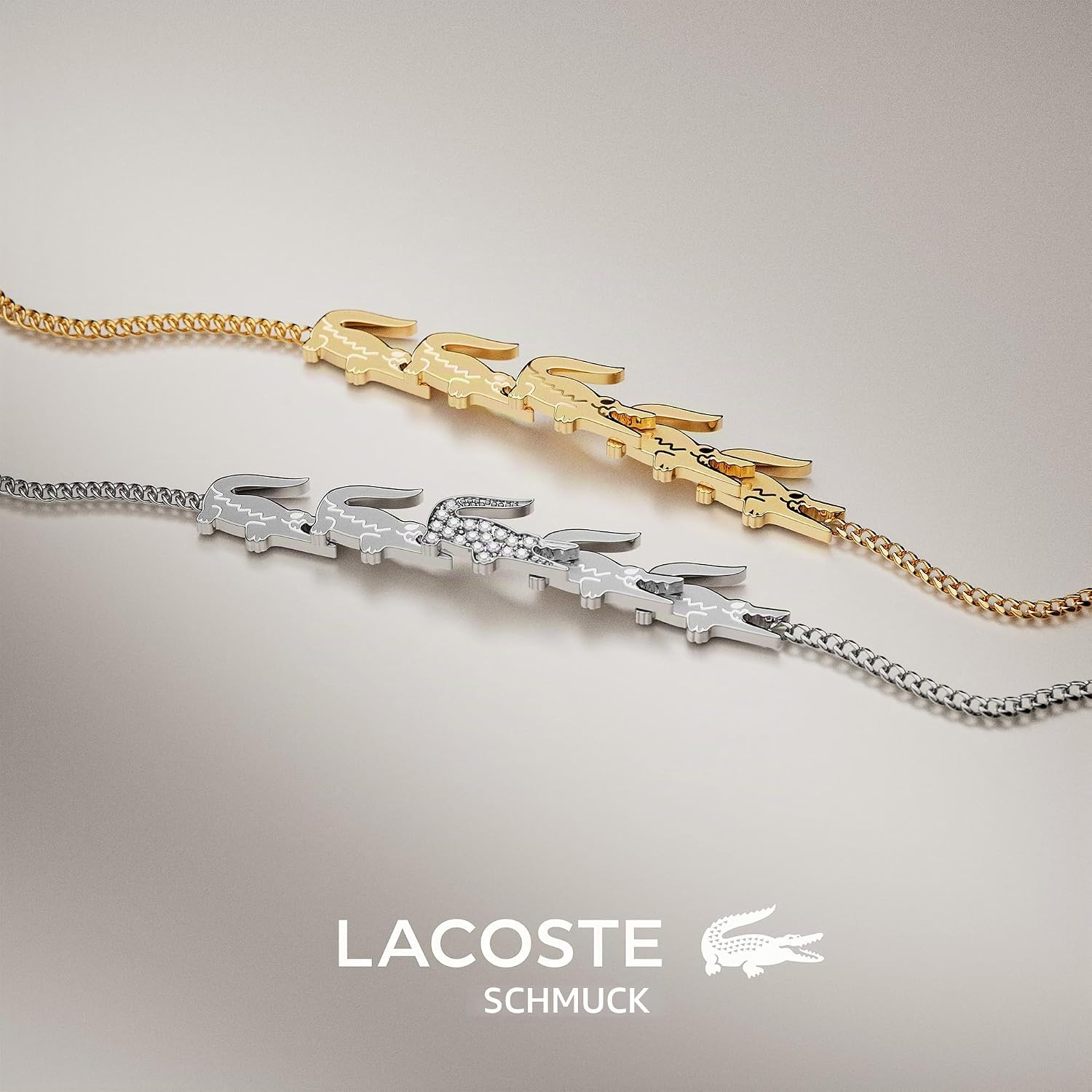 Detalle de Lacoste Damenarmband „Crocodile“ aus Edelstahl mit Pavé-Krokodilen