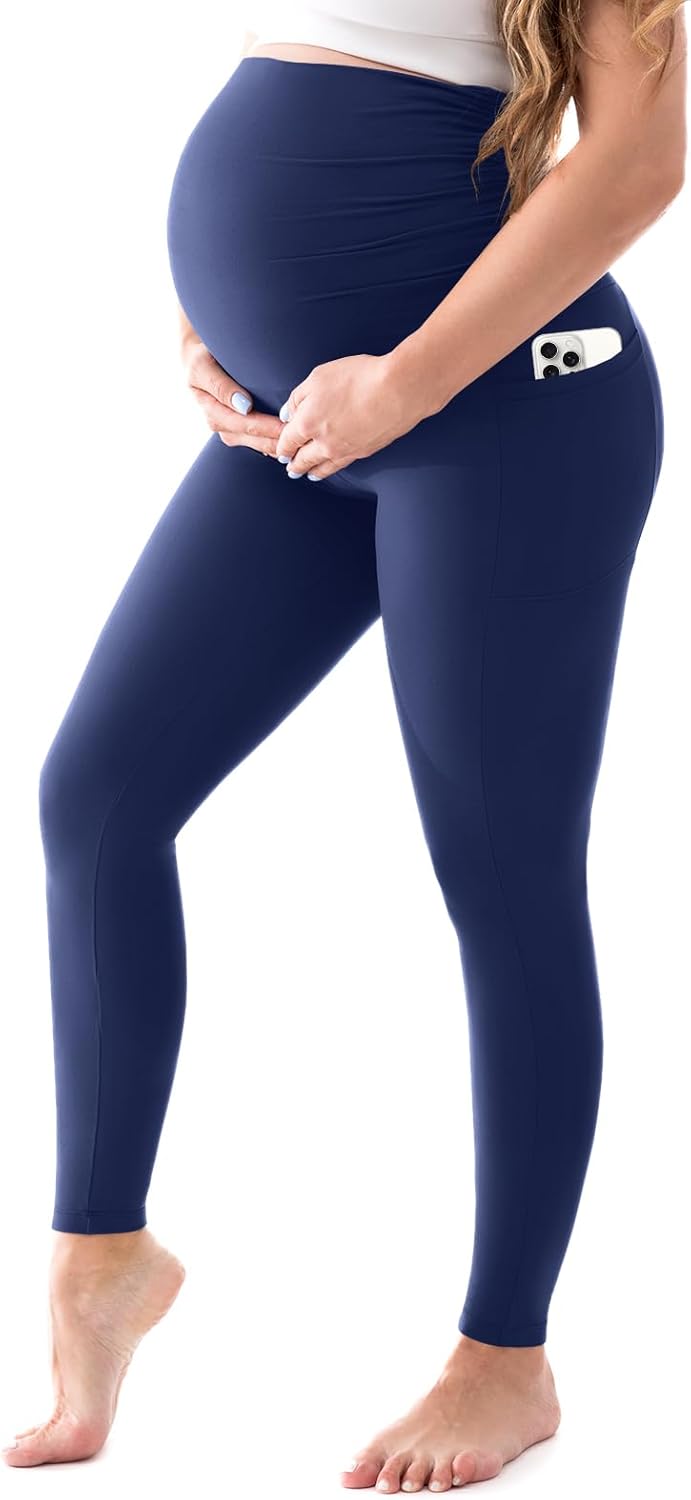 Detalle de Walifrey Women's Maternity Leggings with Pockets – High Waist Opaque Black