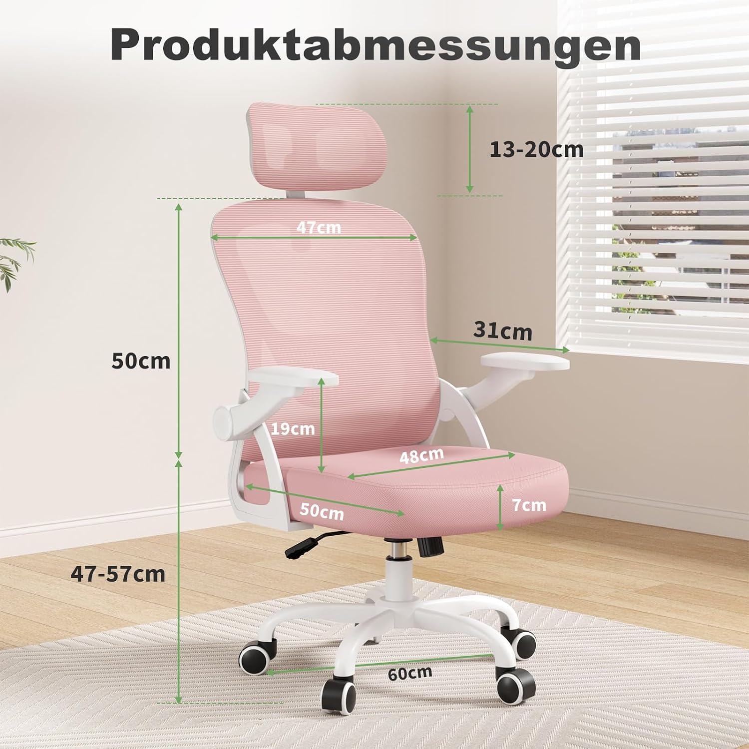 Detalle de naspaluro Ergonomischer Schreibtischstuhl Rosa – Kompakter Drehstuhl mit Kopfstütze und hochklappbaren Armlehnen