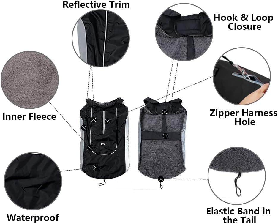 Detalle de Morezi Dog Warm Coats Jackets: Waterproof Coat with Harness Hole for Small & Medium Dogs (Black, Size S)