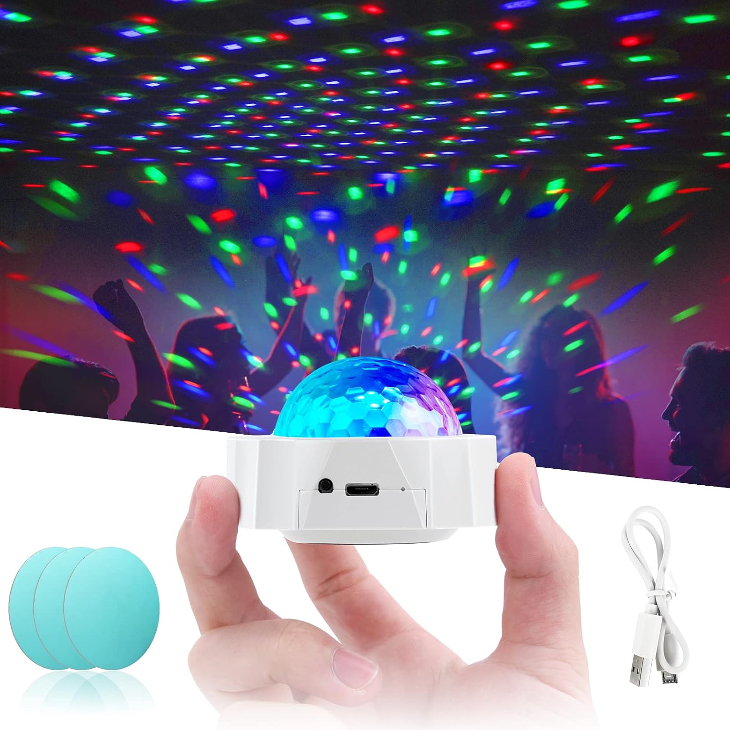 Detalle de URAQT discolamp, muziekgestuurd en USB-oplaadbaar met rode, blauwe en groene leds