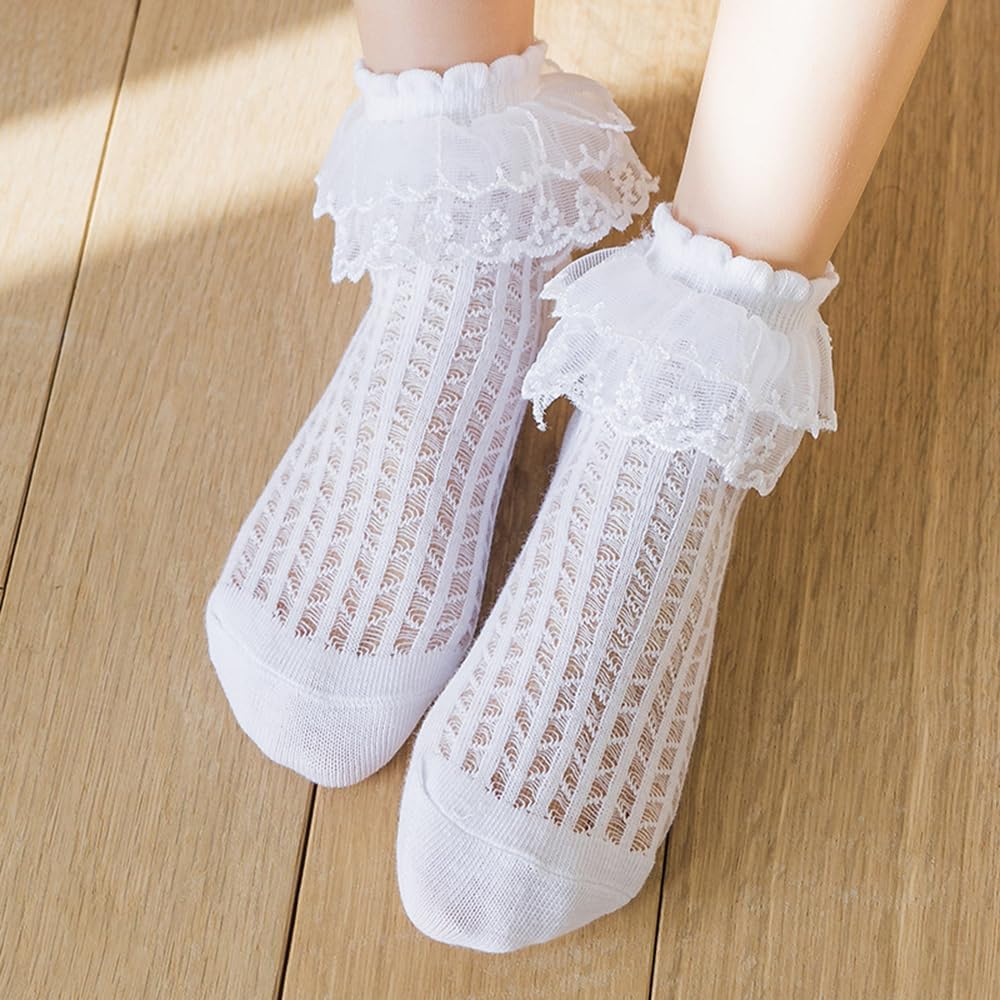 Detalle 2 de HXQLXGT 6 Pairs Baby Girls Frilly Lace Socks – Gentle, Elastic Ankle Socks for 1-10 Years