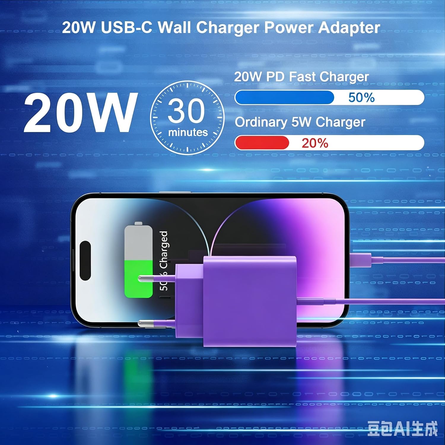 Detalle de Chargeur Rapide iPhone 14/13 Pro Max, 4-Pack | Chargeur mural USB-C PD 20W + Câble Lightning 2m (Apple MFi) violet