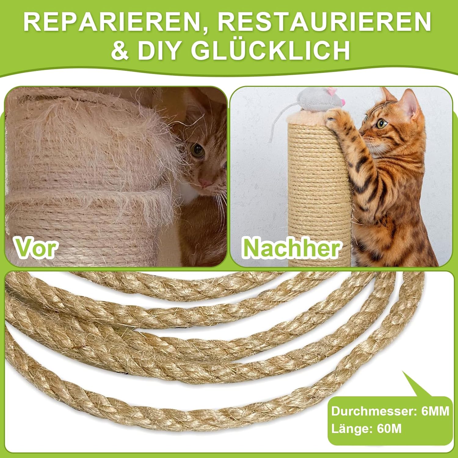 Thumbnail 2 de Sisalseil für Kratzbaum 6 mm x 60 m – Sisal-Kratzbaum Schnur zum Reparieren und Basteln