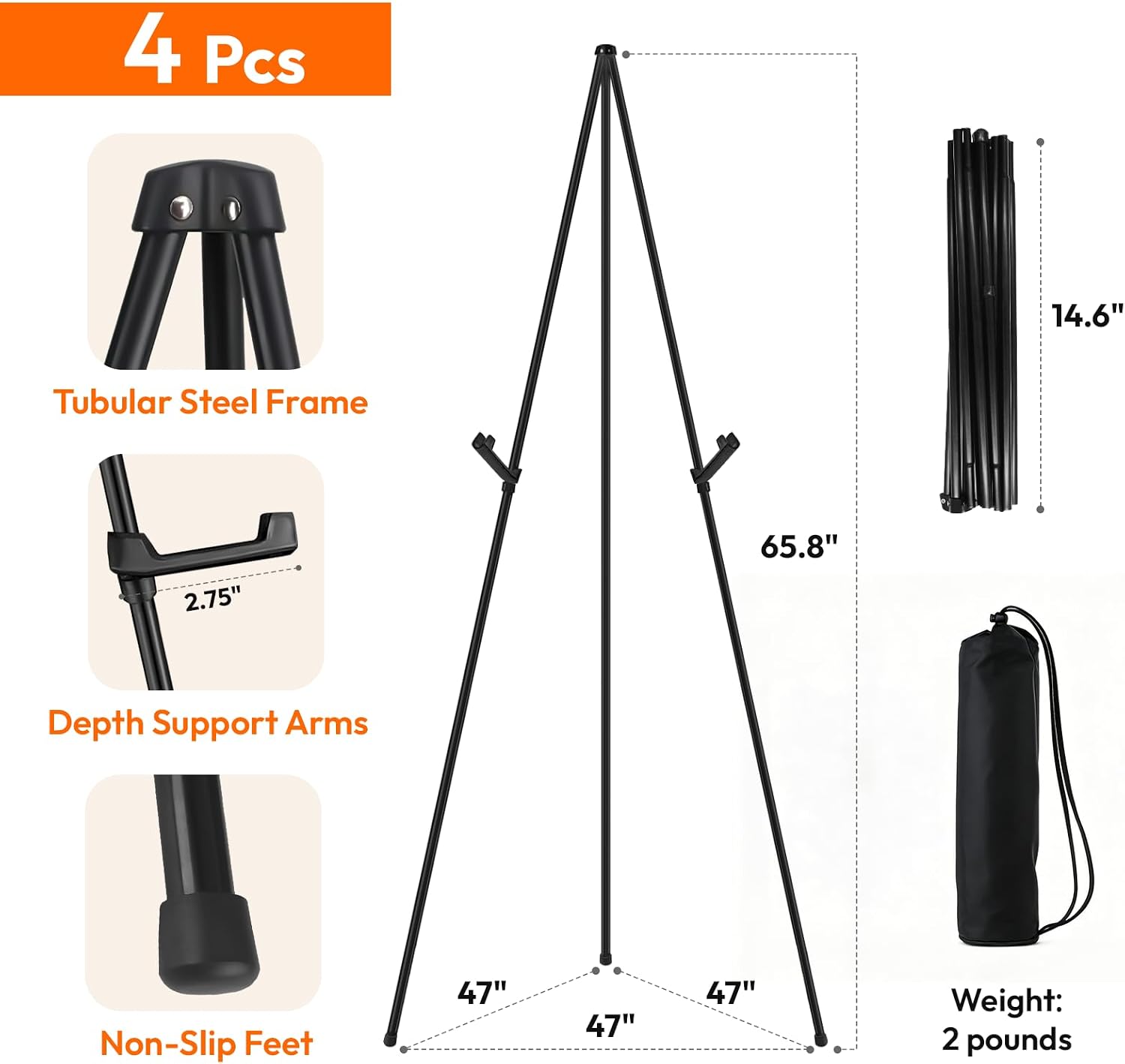 Detalle de JEAWIWI HeiHuaJia-4PCS Folding Metal Easel Stands, 4-Pack with Carry Bags