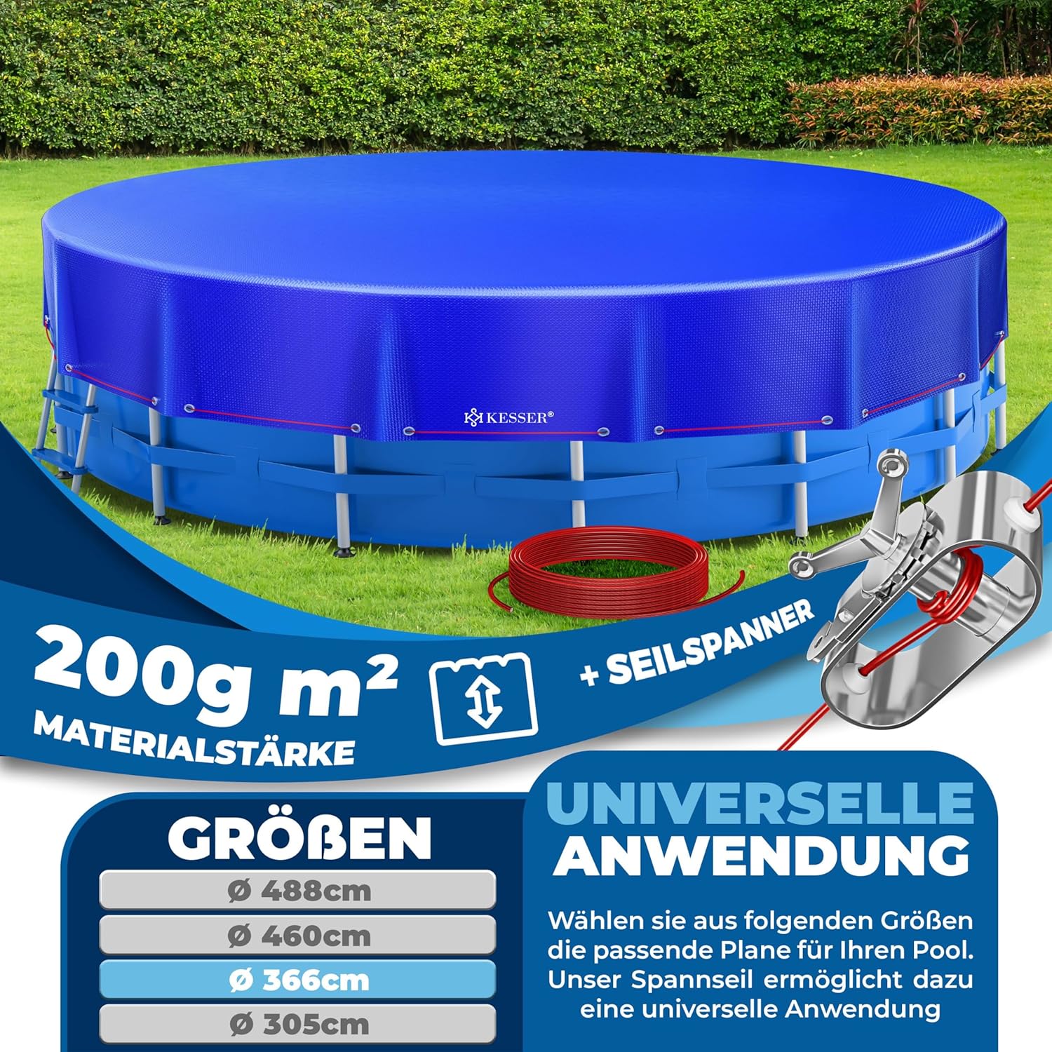 Detalle de KESSER Solar Poolabdeckung Rund Ø366 cm – robuste PE Abdeckplane mit Seil-/Spannsystem