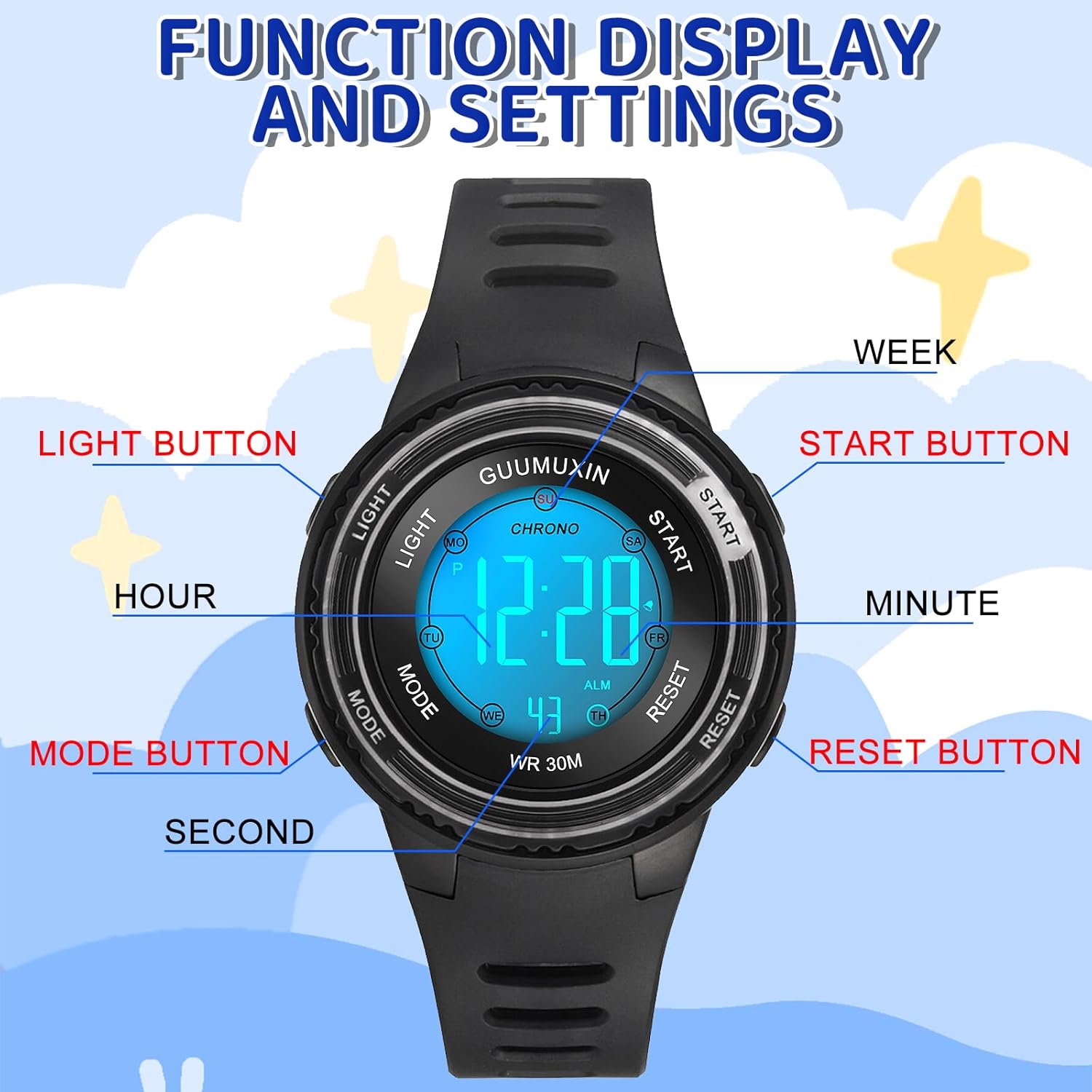 Thumbnail 6 de GUUMUXIN Montre numérique sport enfants 7 couleurs, étanche 3 ATM (6-16 ans)