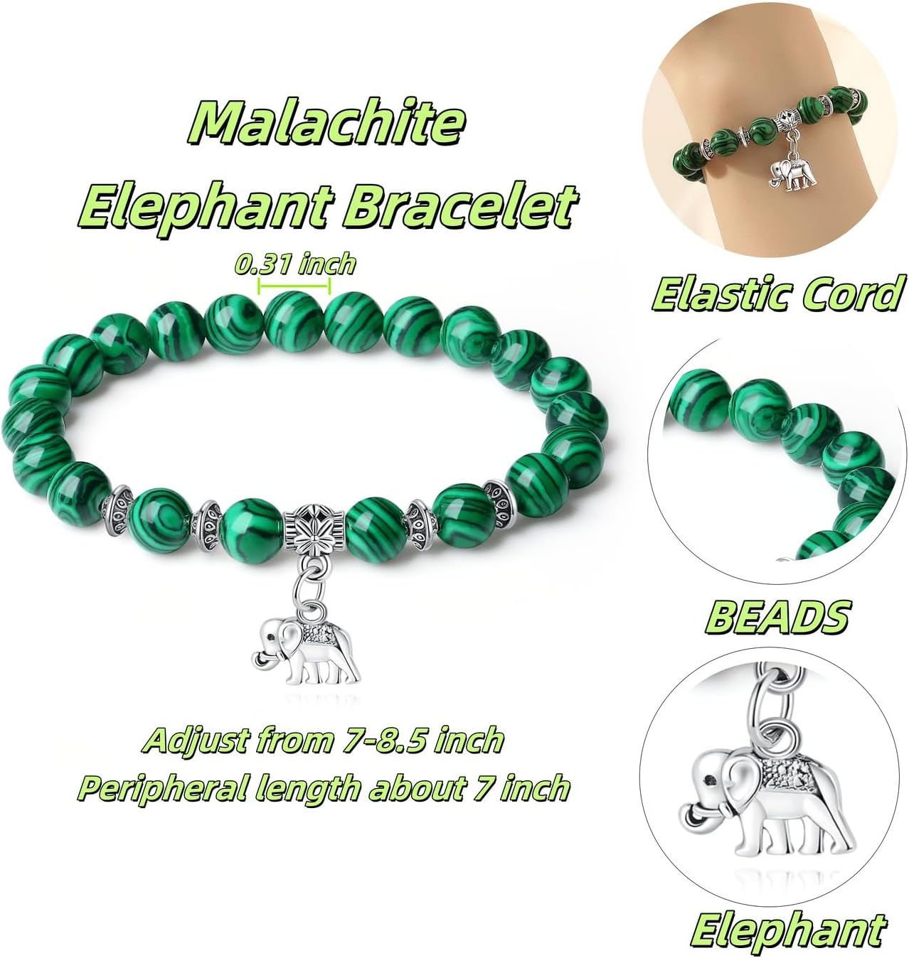 Thumbnail 4 de XIANNVXI Elephant Bracelet with 8mm Malachite Crystal Beads – Good Luck & Inspirational Gift