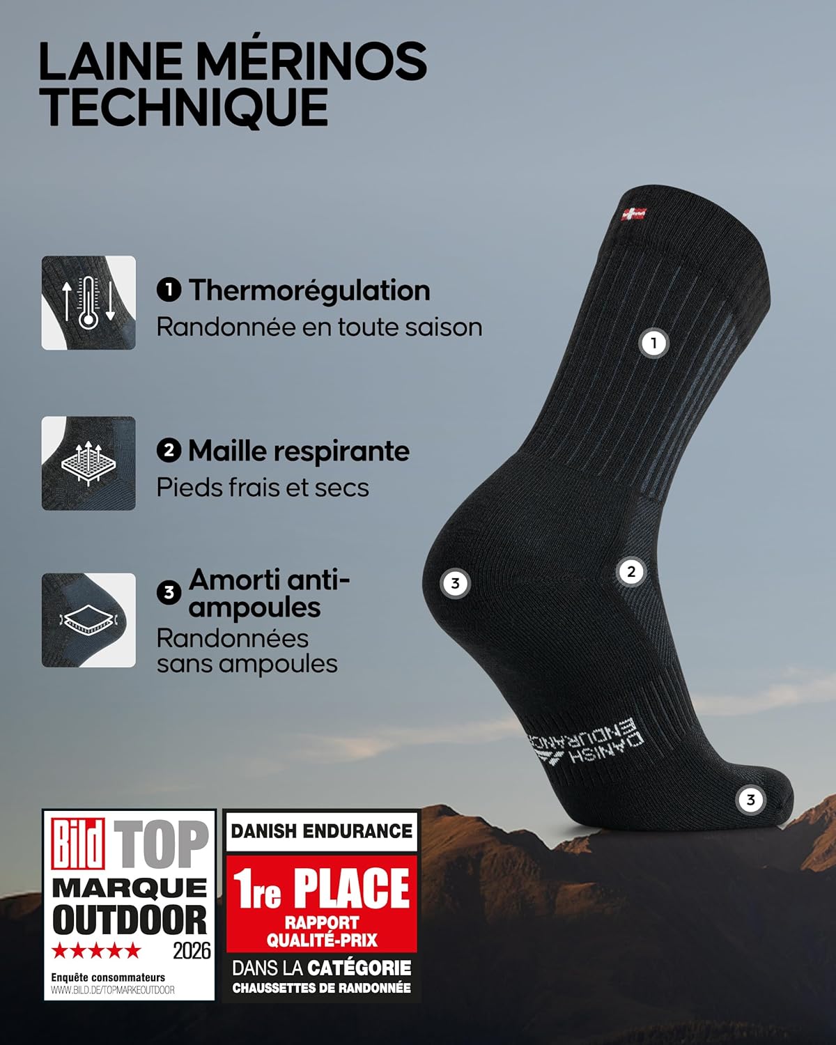 Thumbnail 1 de DANISH ENDURANCE Chaussettes de randonnée en laine mérinos (lot de 2) – confort anti-rayures pour hommes et femmes