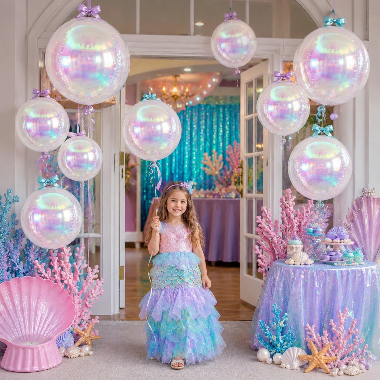 Detalle 2 de 12Pcs Iridescent Round Foil Balloons – 22", 15", 10" 4D Clear Balloons for Party Decor