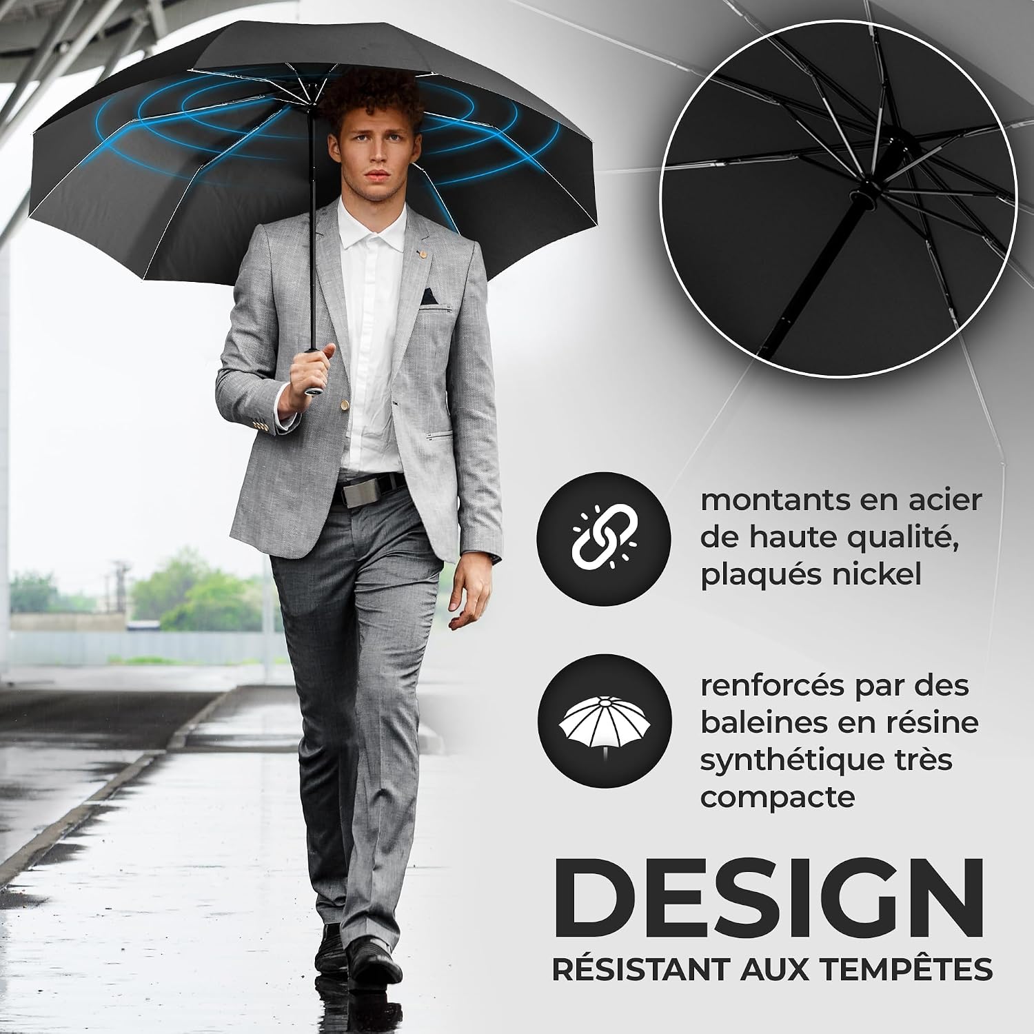 Detalle 2 de Parapluie Pliant Compact Automatique – Résistant au Vent et Télescopique, Noir