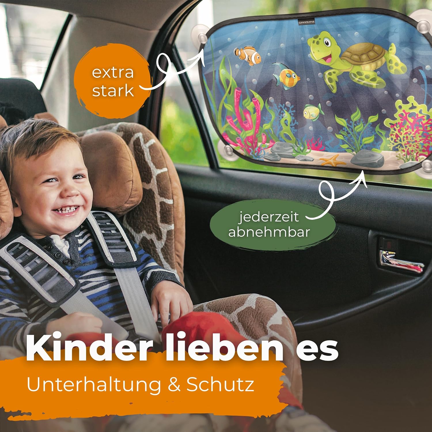 Detalle 2 de CARAMAZ Sonnenschutz Auto Baby mit zertifiziertem UV-Schutz, universell 48 x 30 cm (2er-Set) – Motiv Grün-Turtle