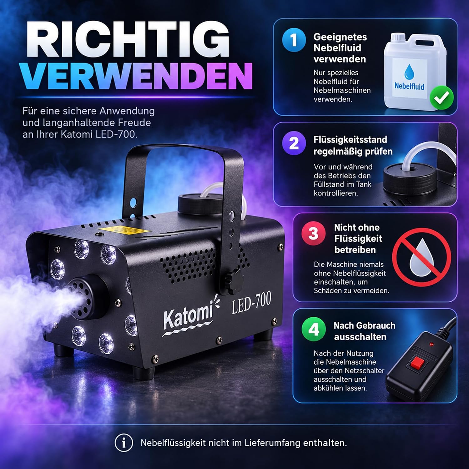 Detalle 2 de Katomi Nebelmaschine 500W mit 8 RGB LEDs – Mini-Fogmaschine mit 3 m Kabel-Fußschalter & Funkfernbedienungen