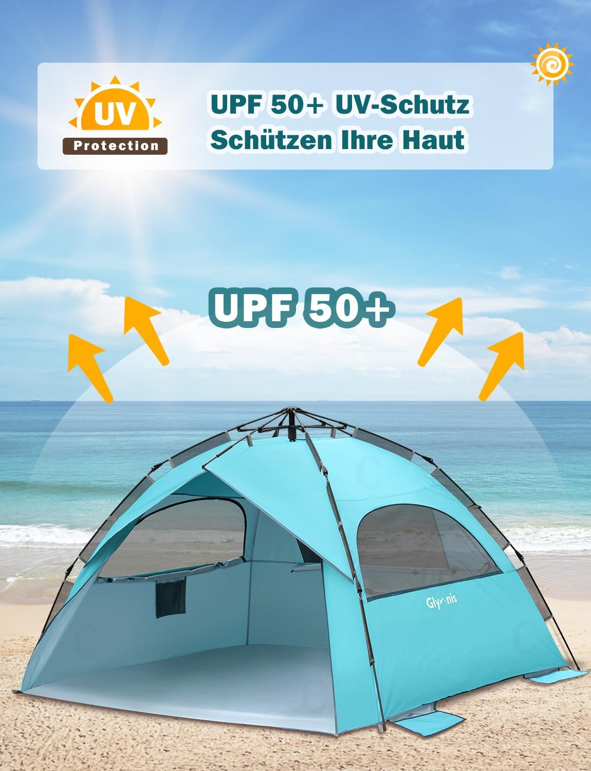Detalle 2 de Glymnis Strandmuschel Quick Up Strandzelt UV-Schutz 50+ für 4–6 Personen