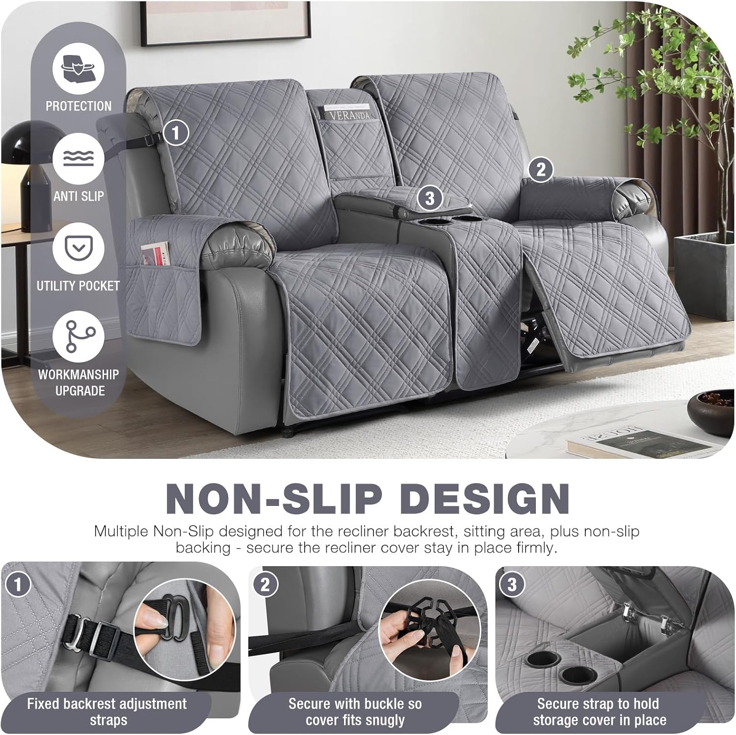 Detalle 2 de TAOCOCO JS-MRS-2S-LG Waterproof Split Recliner Loveseat Cover, Grey