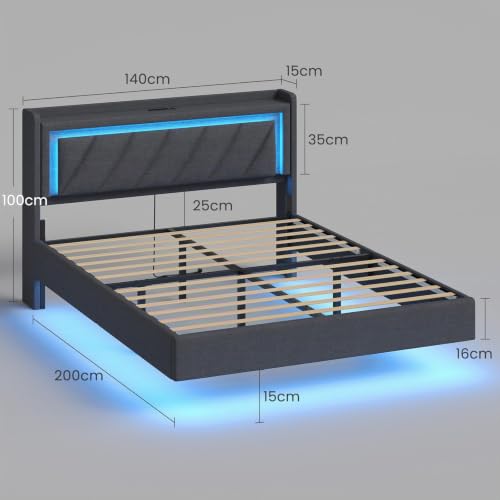 Detalle 2 de KIMENICH Cadre de Lit 140x200 – Lit flottant avec LED, rangement et prise USB-C