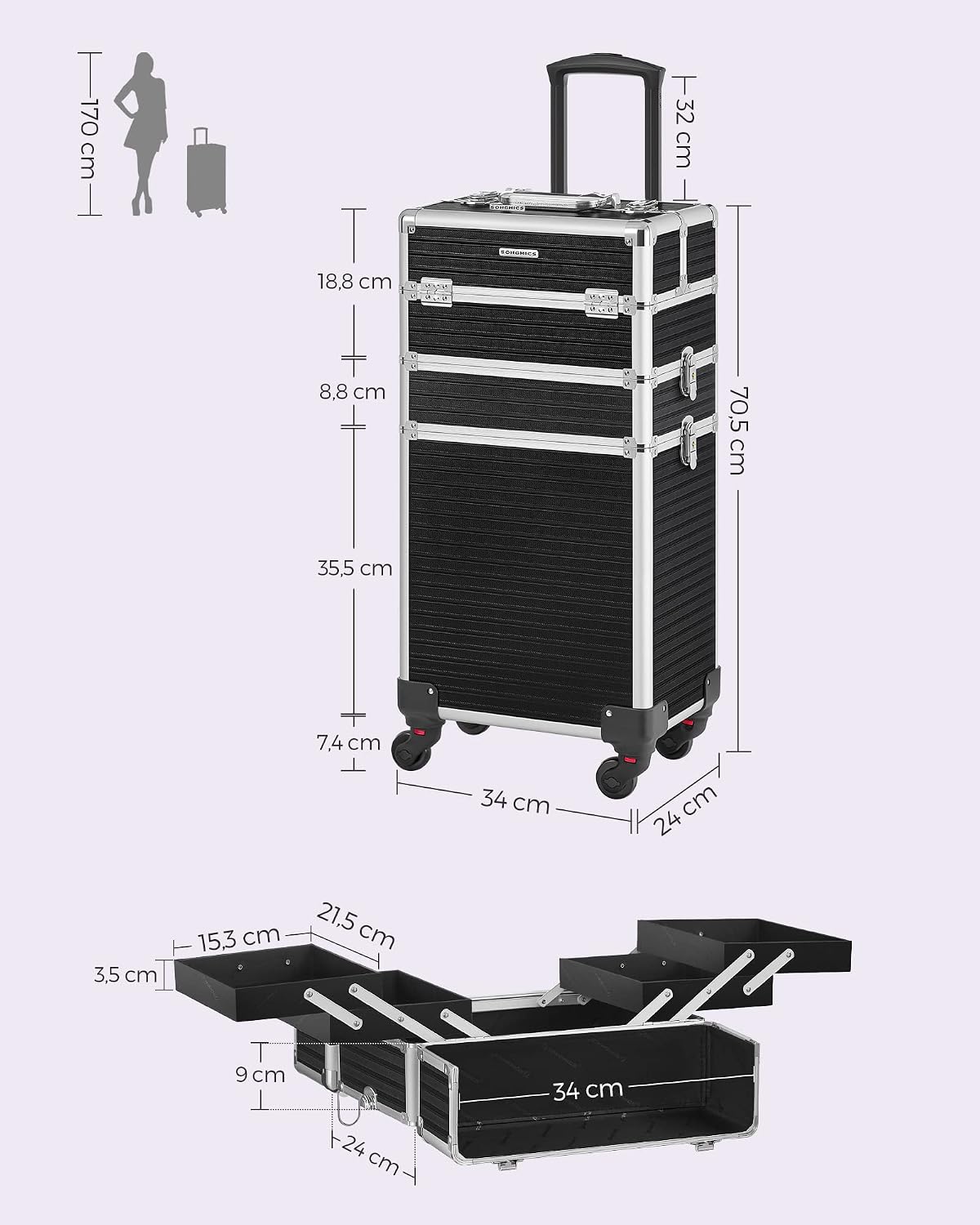 Detalle 2 de Mallette de maquillage professionnelle SONGMICS 3-en-1 XXL JHZ014B01 – Verrouillable, roulettes 360°, Noir