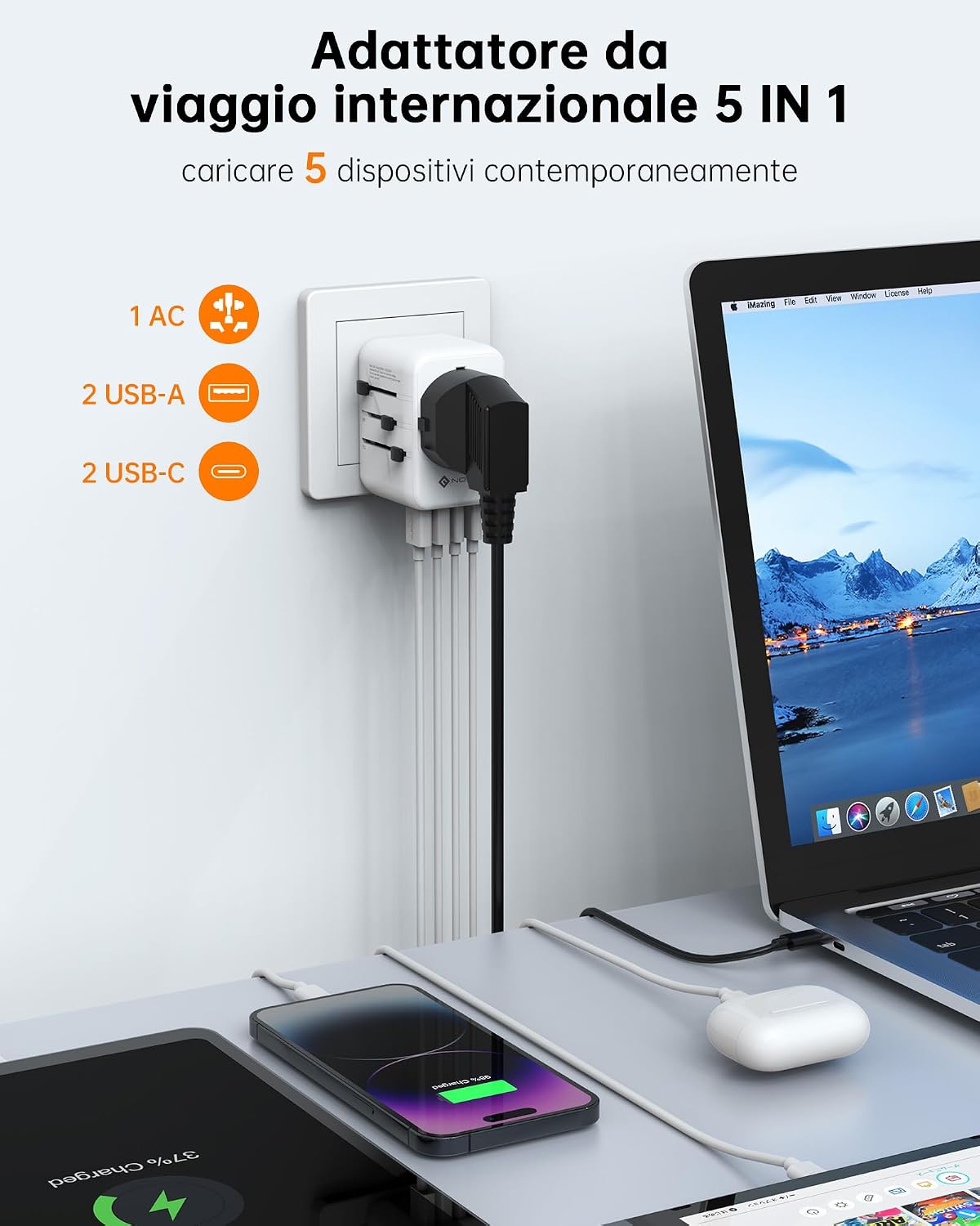 Detalle 1 de NOVOO Adattatore universale da viaggio PD 21W con 2 USB e 2 C 🔌