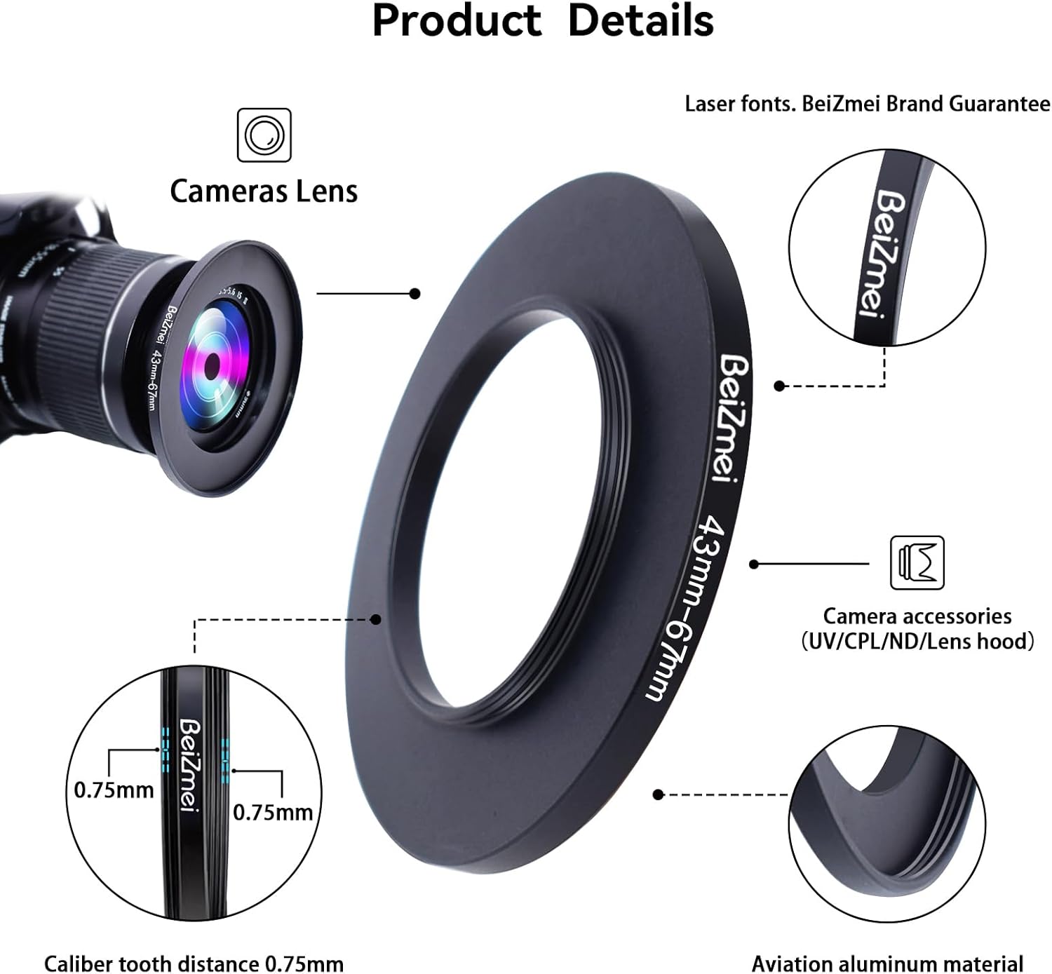 Thumbnail 1 de BEIZMEI Camera Filters Ring 43–67mm step-up ring for UV, ND and CPL filters