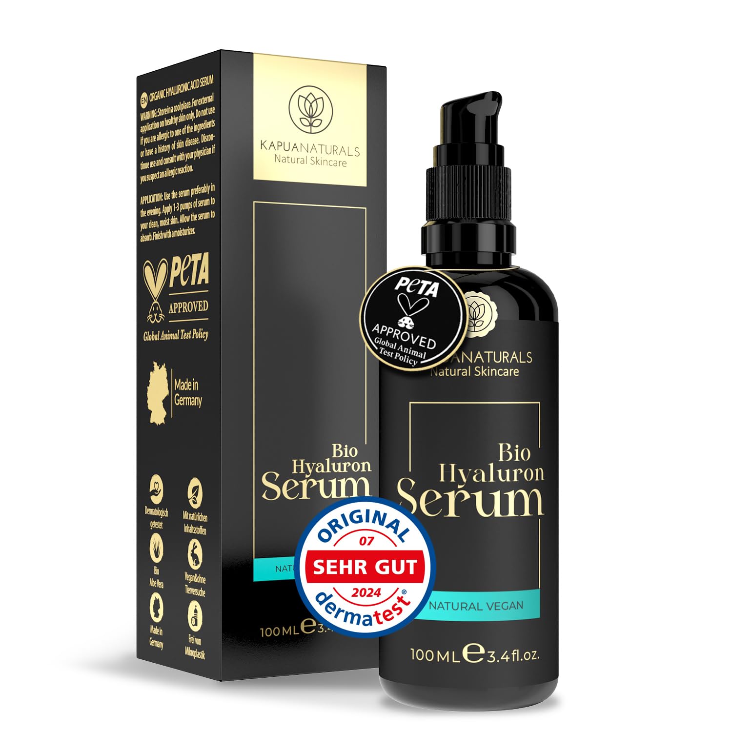 Detalle de Bio Hyaluron Serum hochdosiert – 100 ml mit 8-fach Anti-Aging-Komplex (multimolekular) – Made in Germany
