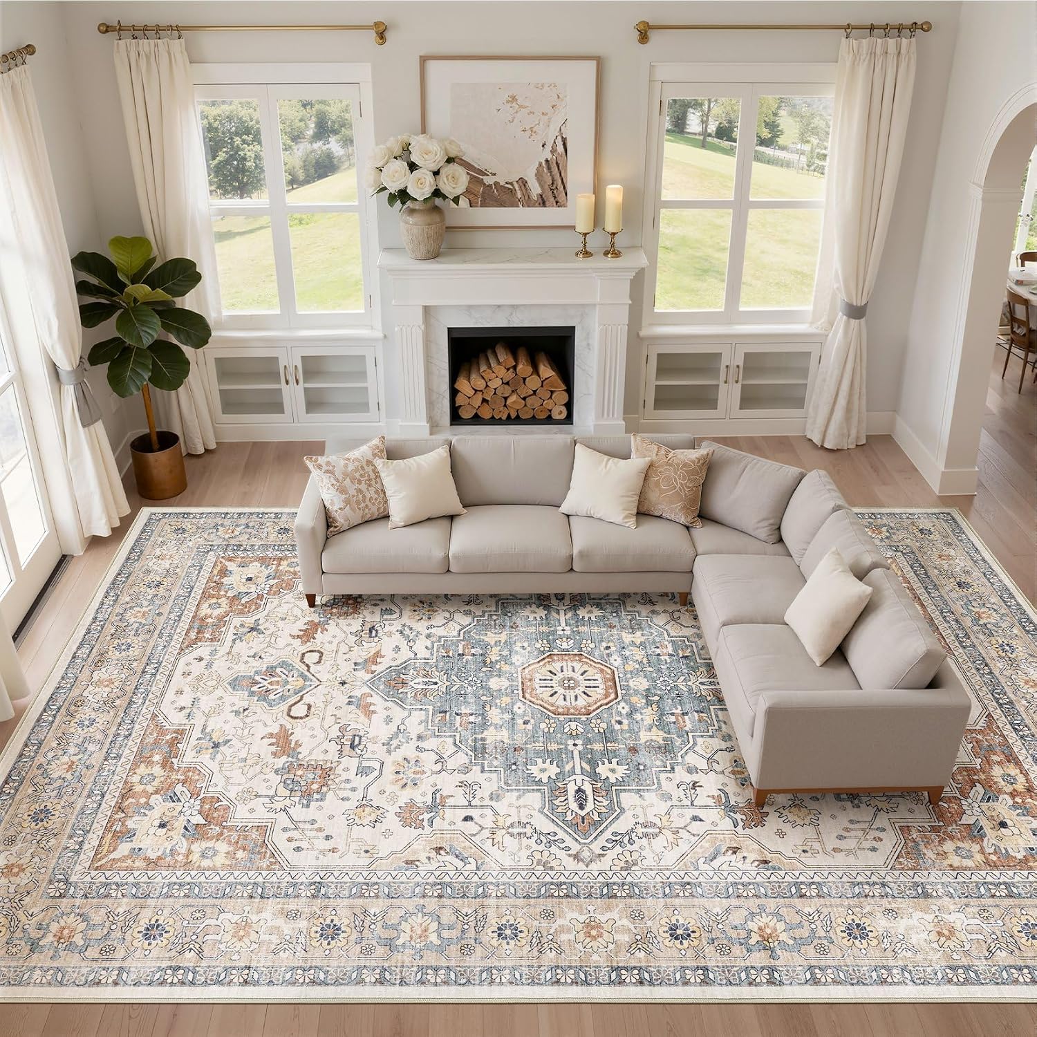 Detalle de 10x14 Area Rug Living Room: Washable Boho Vintage Medallion in Beige & Blue