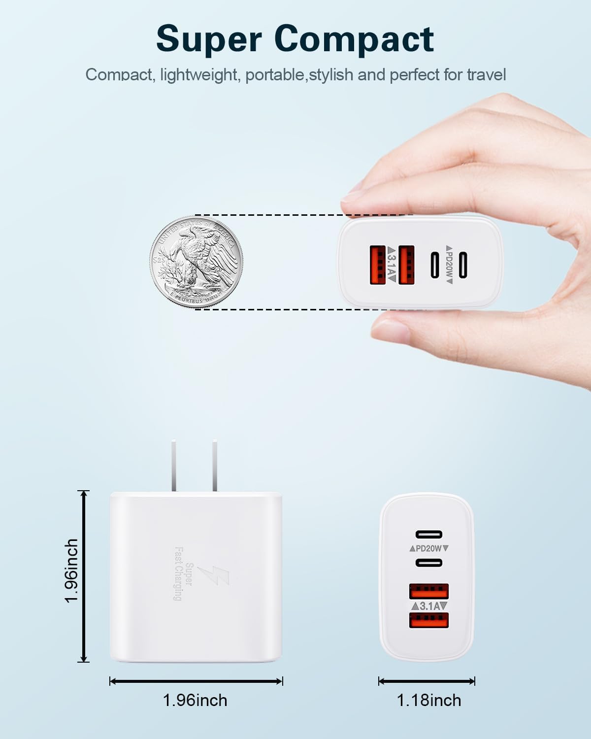 Detalle de BECHAGE USB C Charger Block 40W, 2-Pack: 4-Port Fast Charging Wall Chargers (2x USB-C + 2x USB-A) with PD & QC 3.0