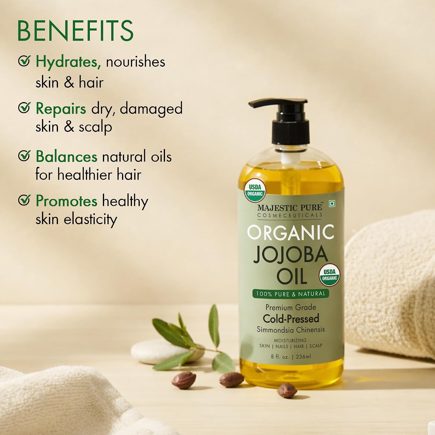 Detalle de Majestic Pure Jojoba Oil 100% Pure and Organic—Cold Pressed, Hexane-Free, 8 Fl Oz