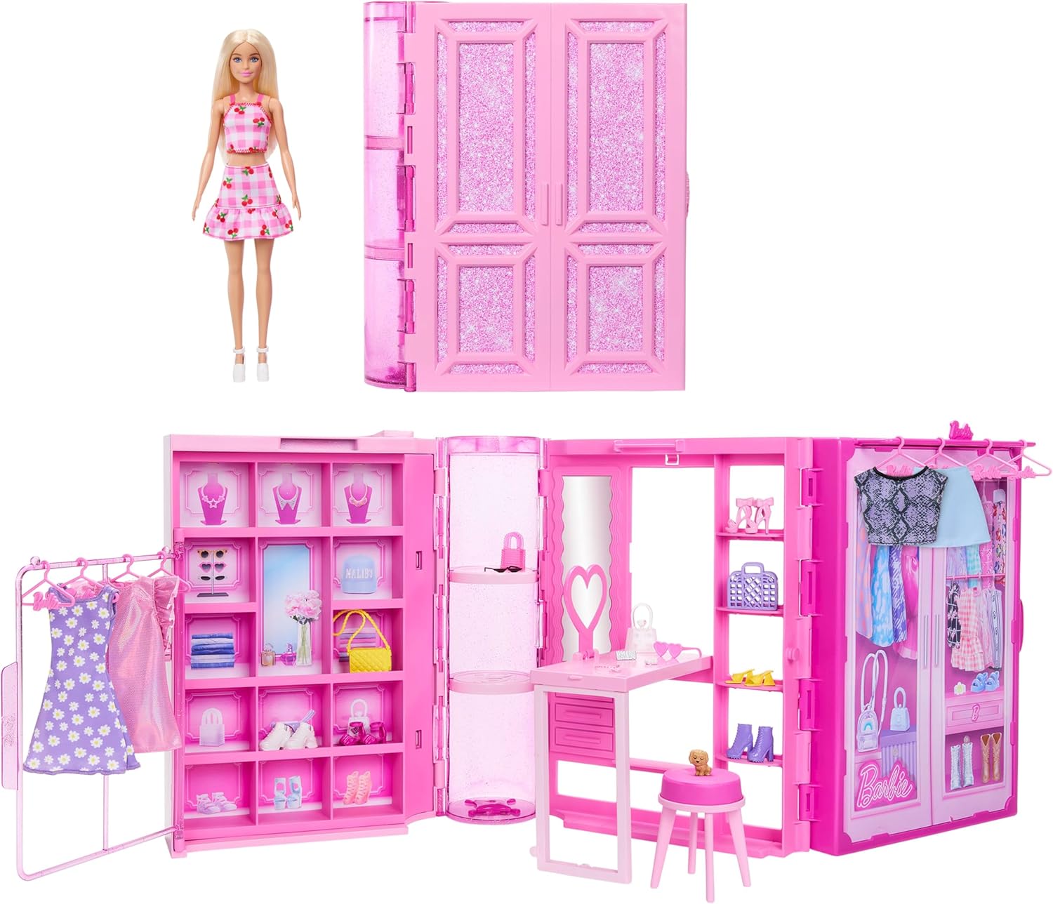 Detalle de Barbie Traumkleiderschrank Spielzeug – Komplettes Fashion-Set mit Barbie-Puppe, 25+ Teilen und 3 Outfits