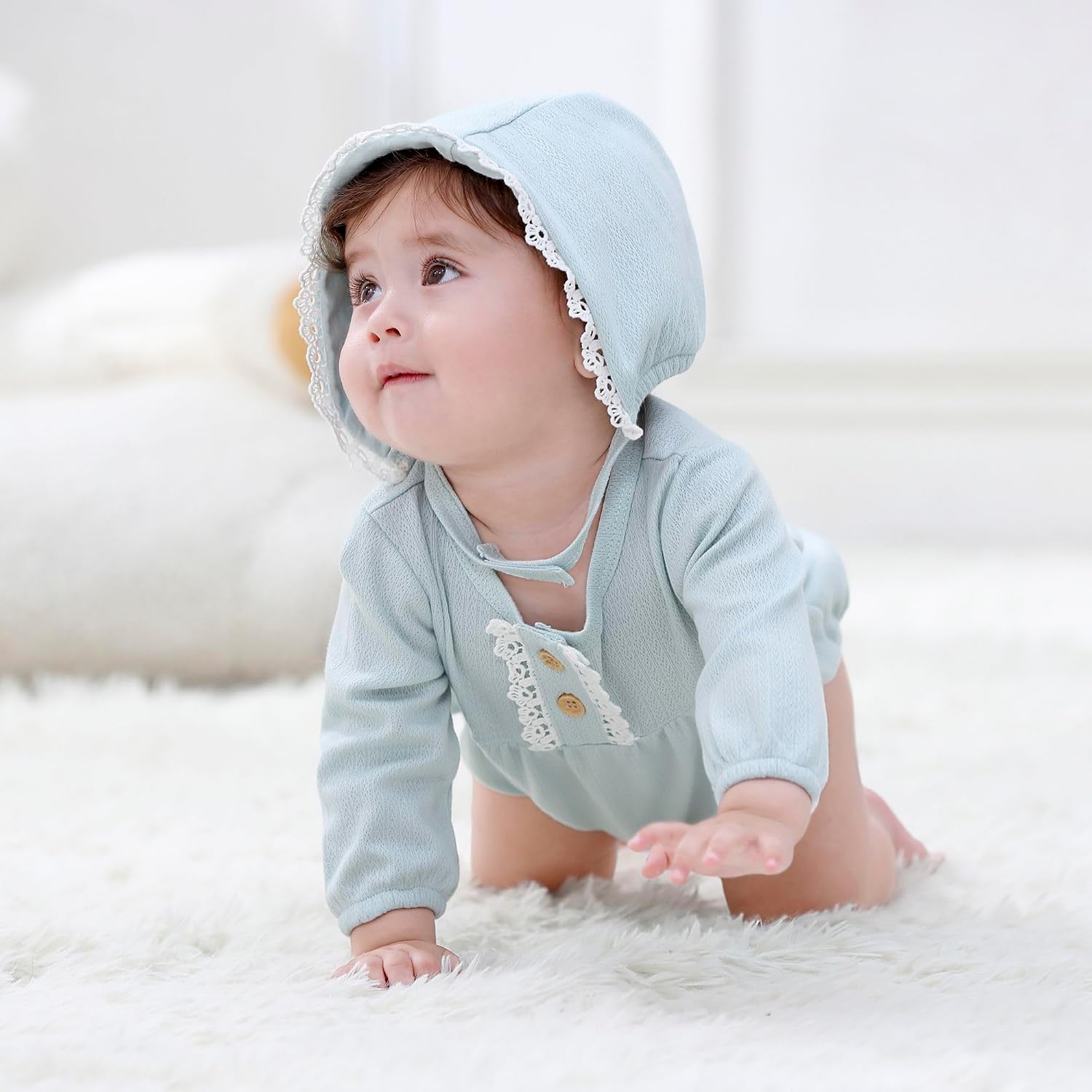 Detalle de MAMIMAKA Newborn Baby Girl Cotton Bubble Romper Bodysuit 3-Pack (Long Sleeve)
