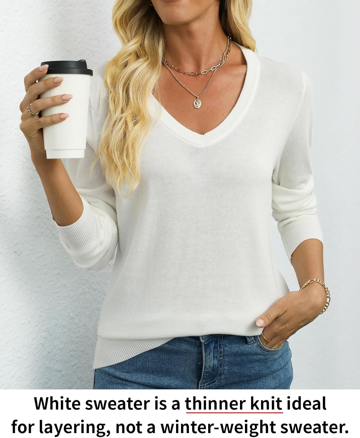 Detalle 2 de QUALFORT Women’s 100% Cotton V-Neck Lightweight Sweater Pullover (Long Sleeve)